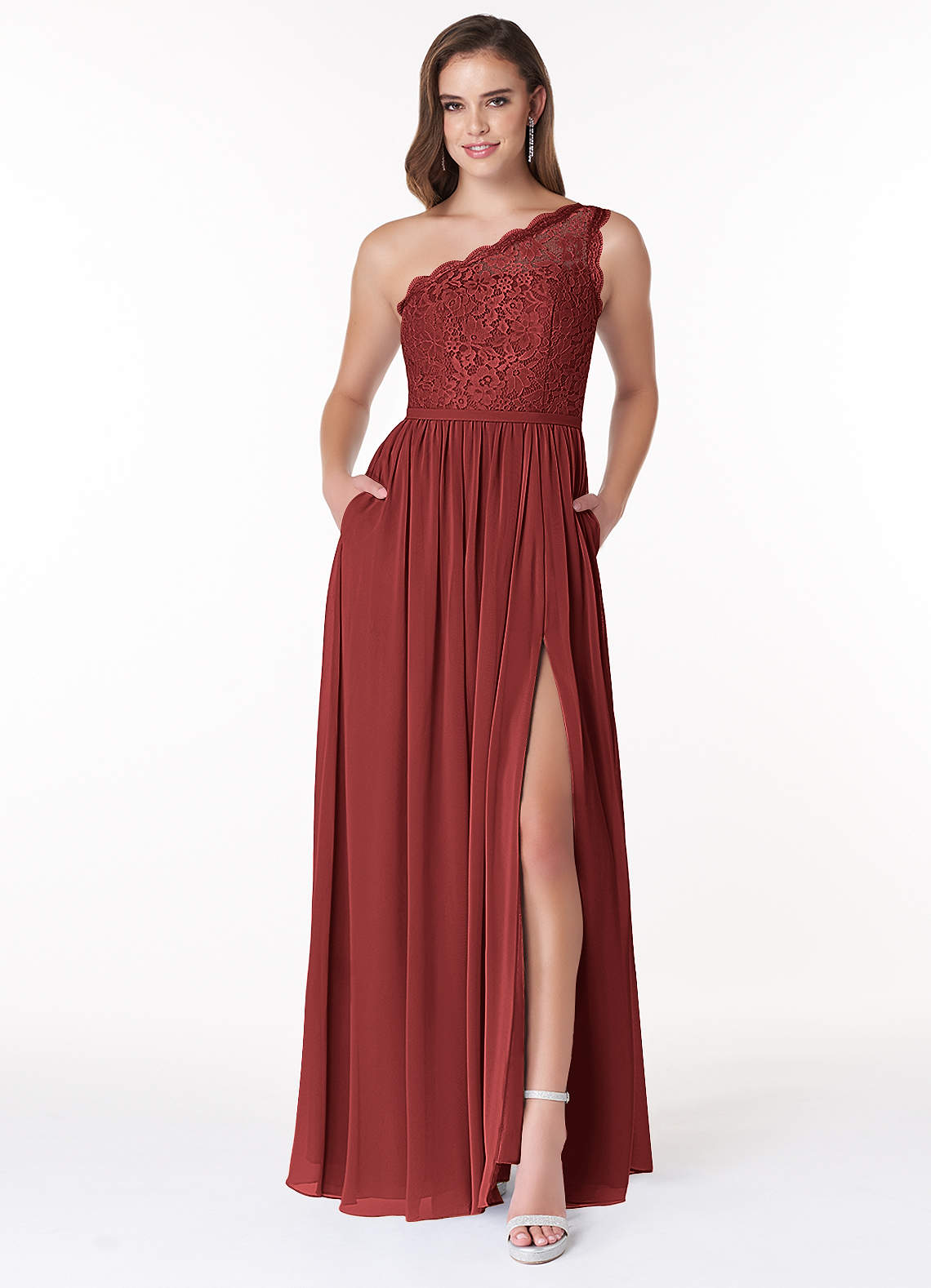 Azazie Demi Bridesmaid Dresses Rust A-Line One Shoulder Chiffon Dress image1