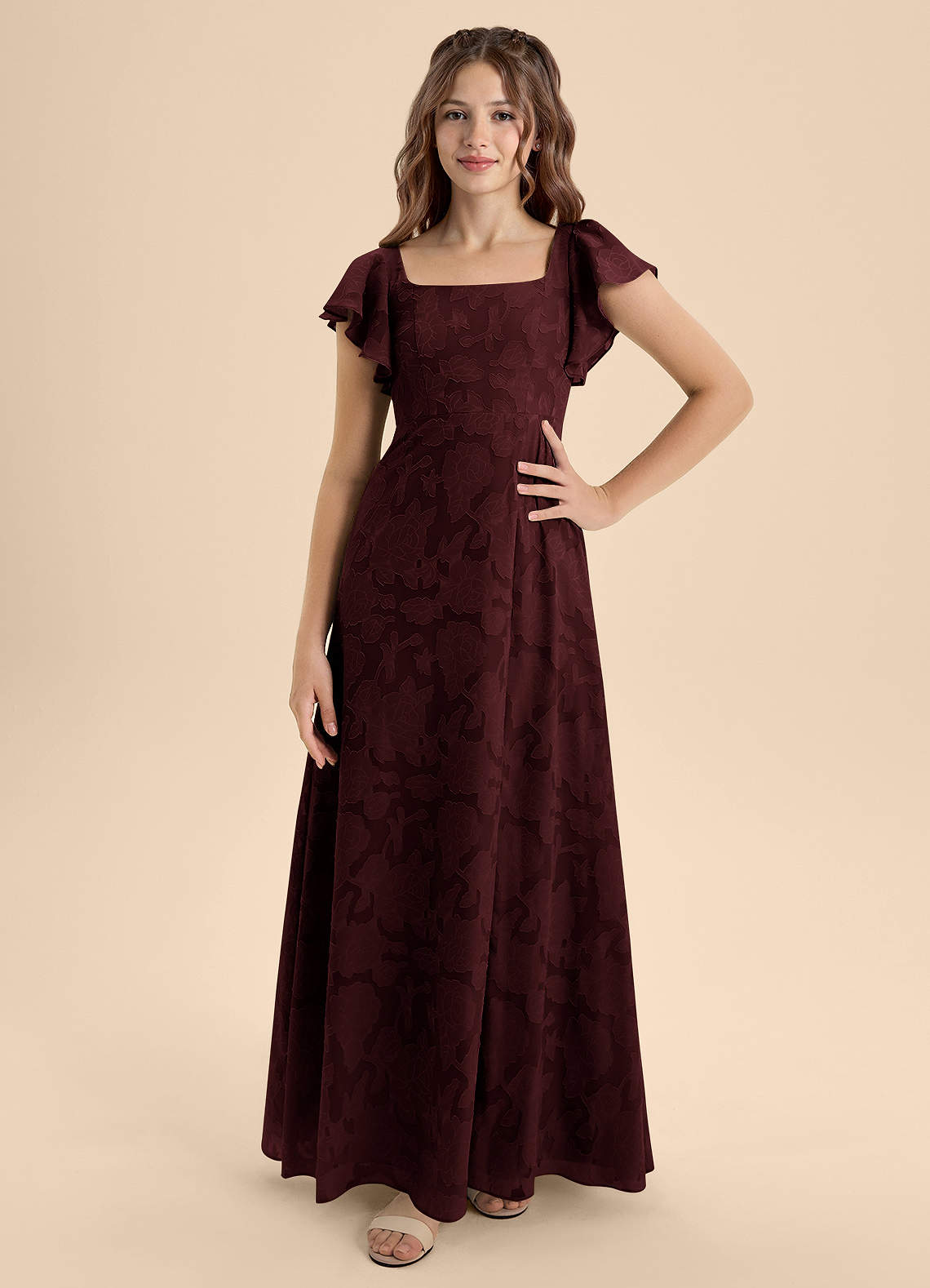 Azazie Bondi Junior Cabernet A-Line Bow Floral Burnout Dress image3