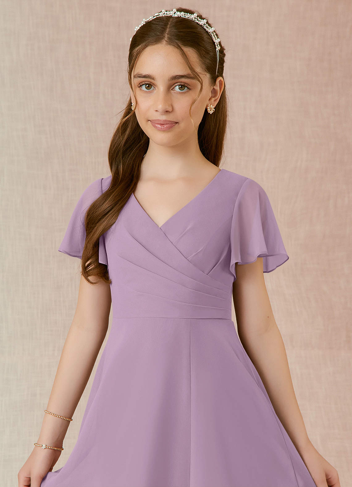 Azazie Induh Junior Wisteria A-Line Ruched Chiffon Dress image3