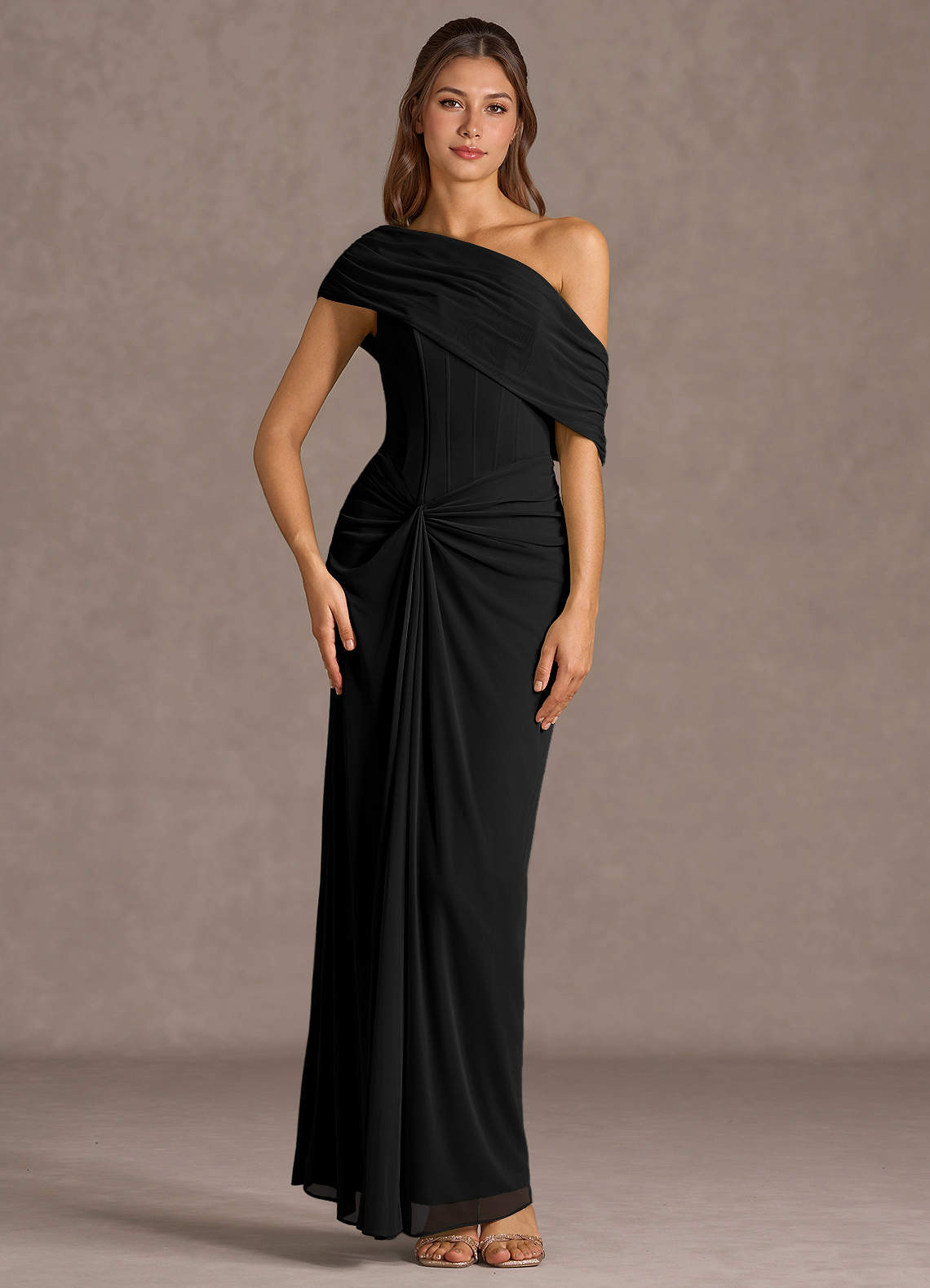 Azazie Floor-Length Maxi Dresses Column Wedding Guest Formal Dresses Asymmetrical Black