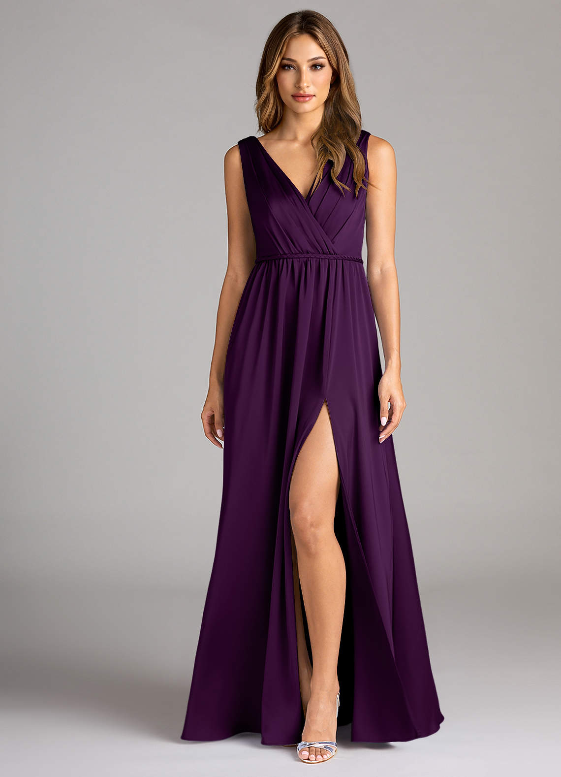Azazie Tanicia Bridesmaid Dresses Grape A-Line Pleated Stretch Satin Dress image1