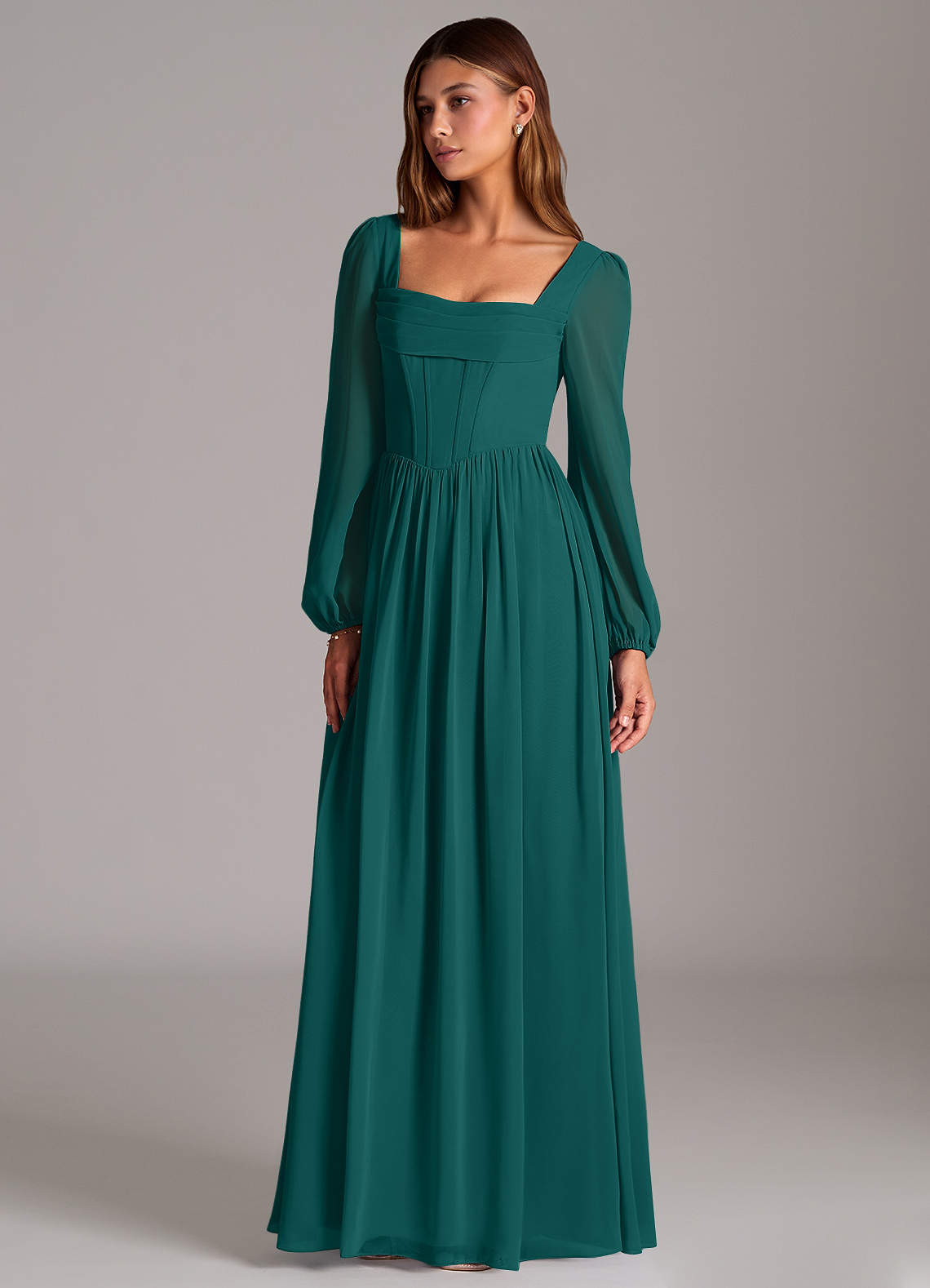 Azazie A-Line Cowl Neck Long Sleeve Floor-Length Chiffon Bridesmaid Dresses - Peacock