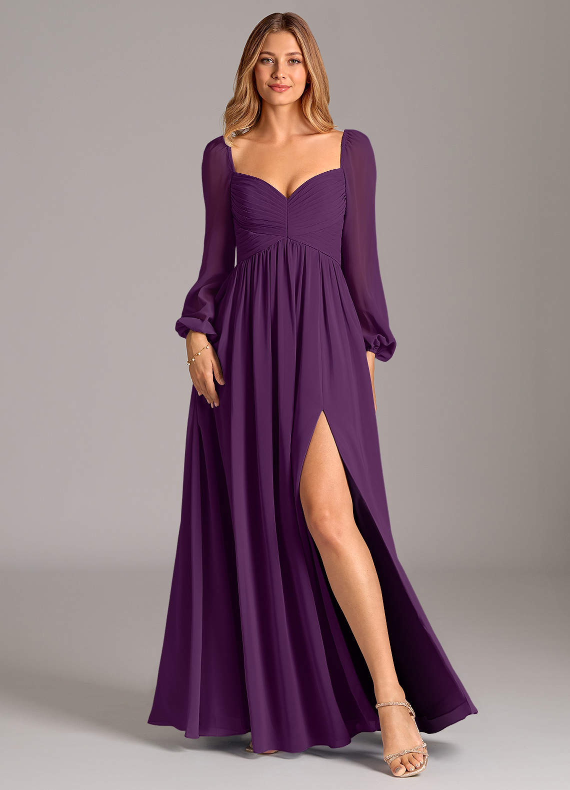 Azazie Alia Bridesmaid Dresses Grape A-Line Long Sleeve Chiffon Dress image1