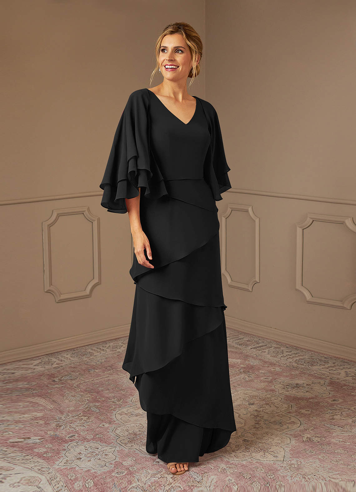 Azazie OHara Mother of the Bride Dresses Black A-Line V-Neck Chiffon Dress image1