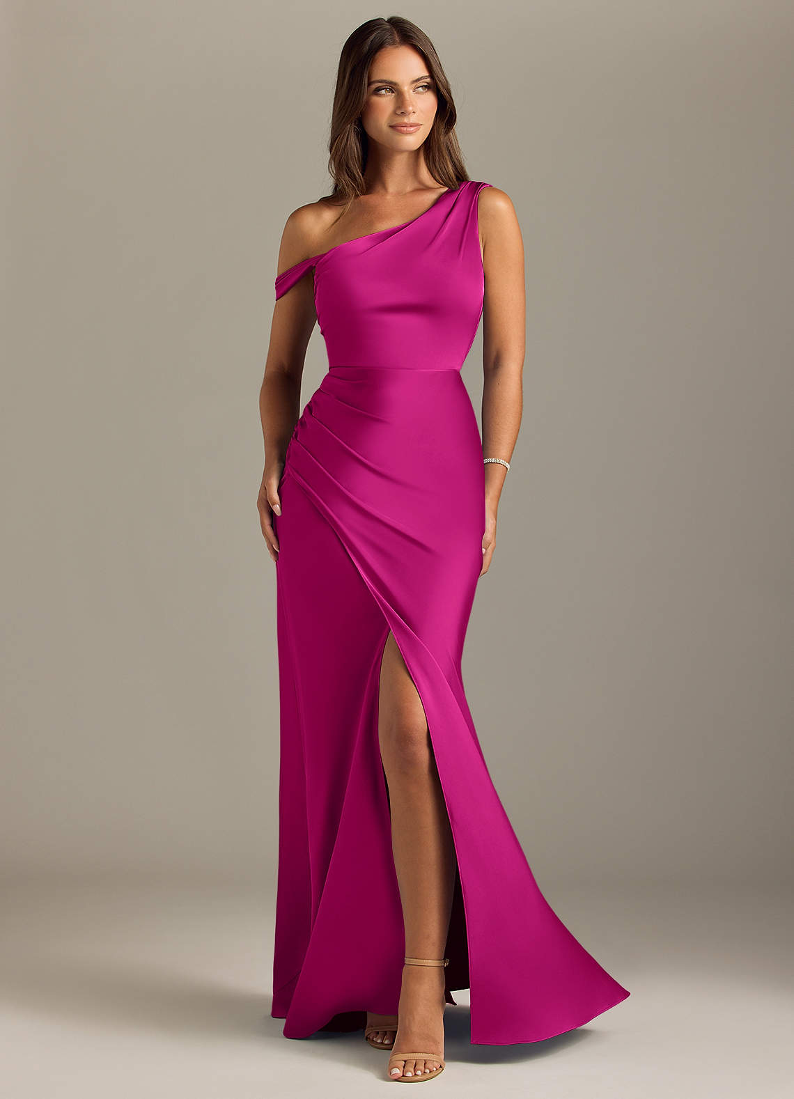 Azazie Madelyn Bridesmaid Dresses Fuchsia Mermaid Off the Shoulder Stretch Satin Convertible Dress image1