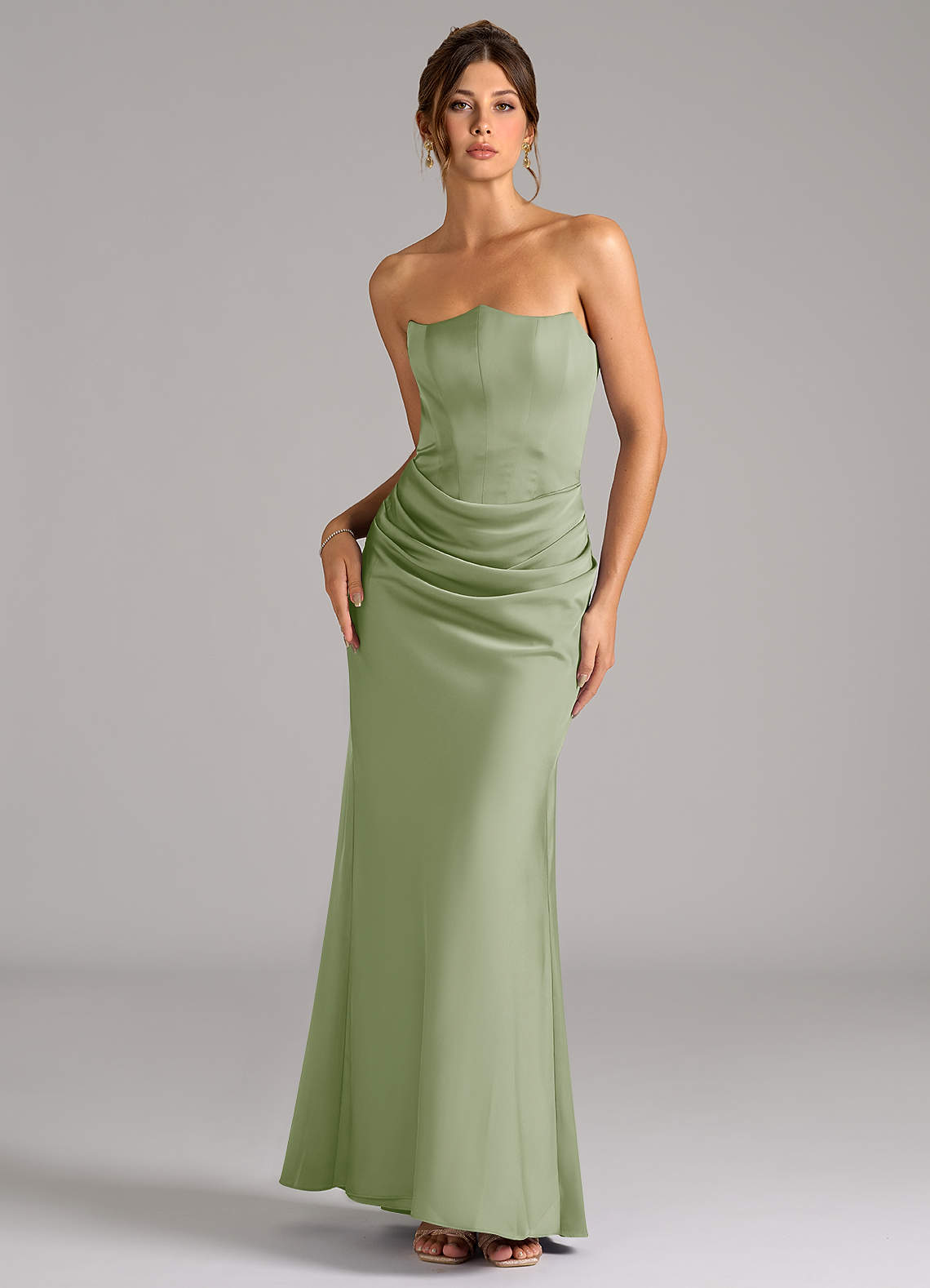 Azazie Debby Vestidos de damas de honor Vestido de Salvia Polvorienta de Satén Elástico de Corte Sirena Convertible con Sin tirantes image1