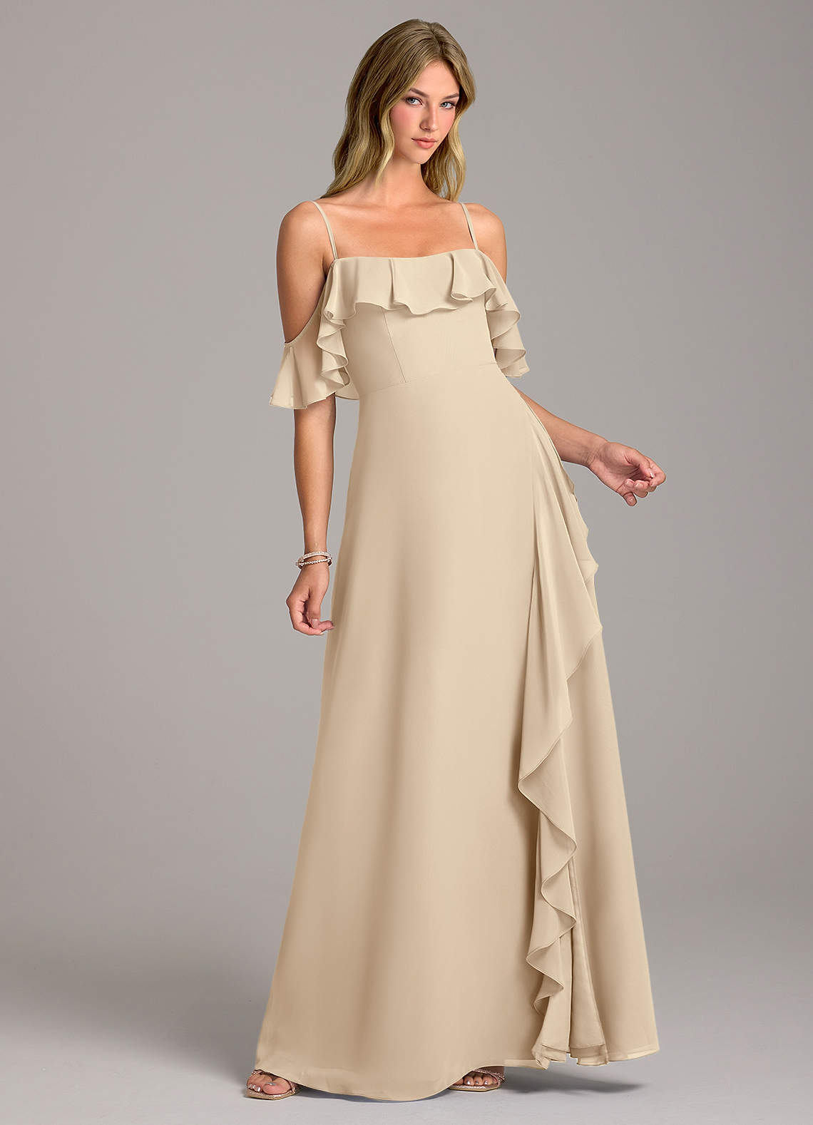 Azazie Aubrie Bridesmaid Dresses Champagne A-Line Off the Shoulder Chiffon Dress image1