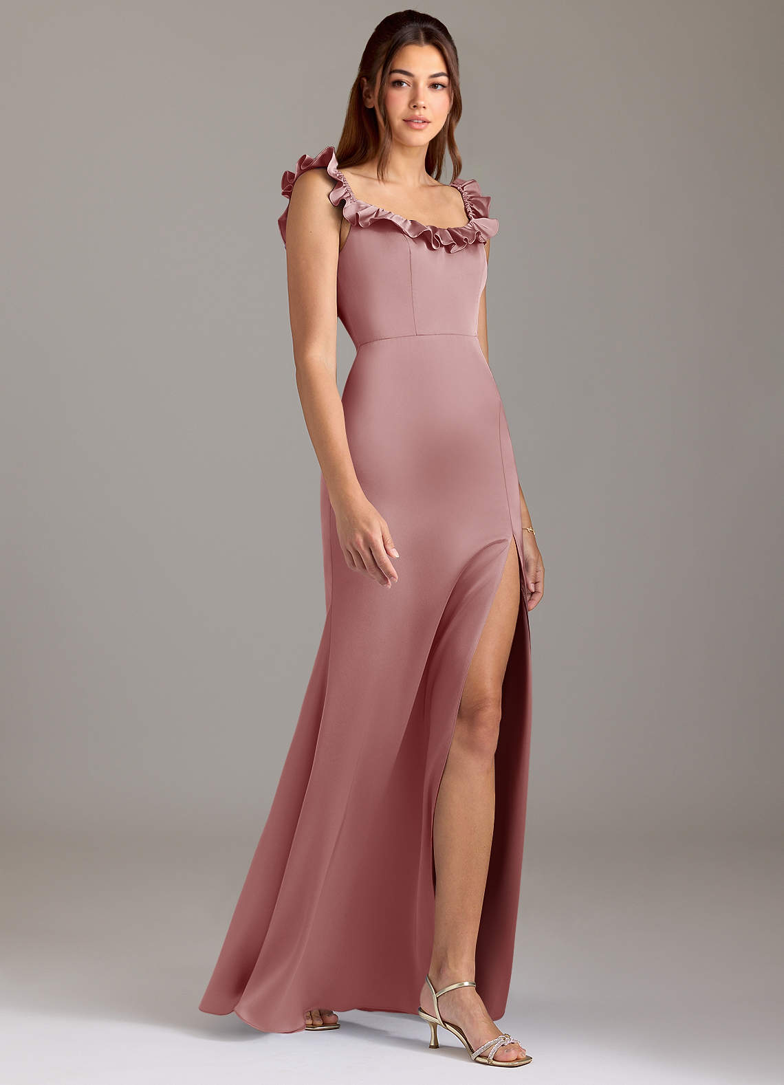 Azazie Callie Essayer des robes à la maison Robe Trapèze Convertible en Satin extensible Rayé Rose Poussiéreuse image3