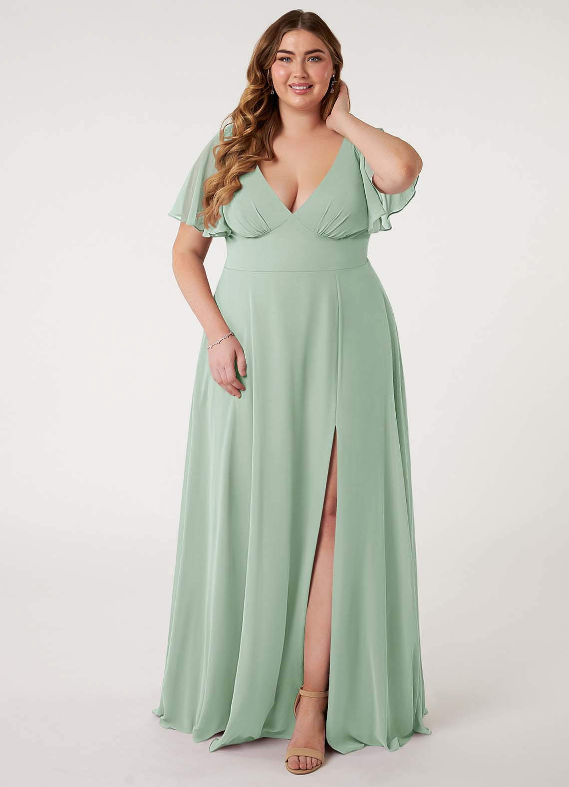 Azazie Kimber Bridesmaid Dresses Agave A-Line Flounce Sleeve Chiffon Dress image1