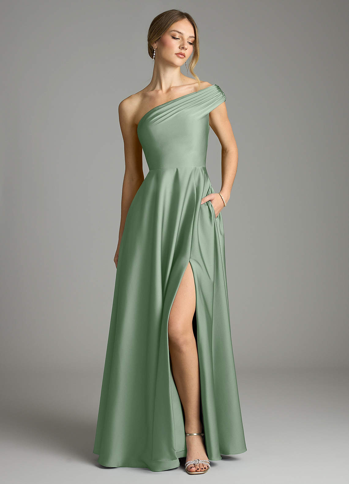 Azazie A-Line Off The Shoulder Floor-Length Stretch Satin Bridesmaid Dresses - Matcha