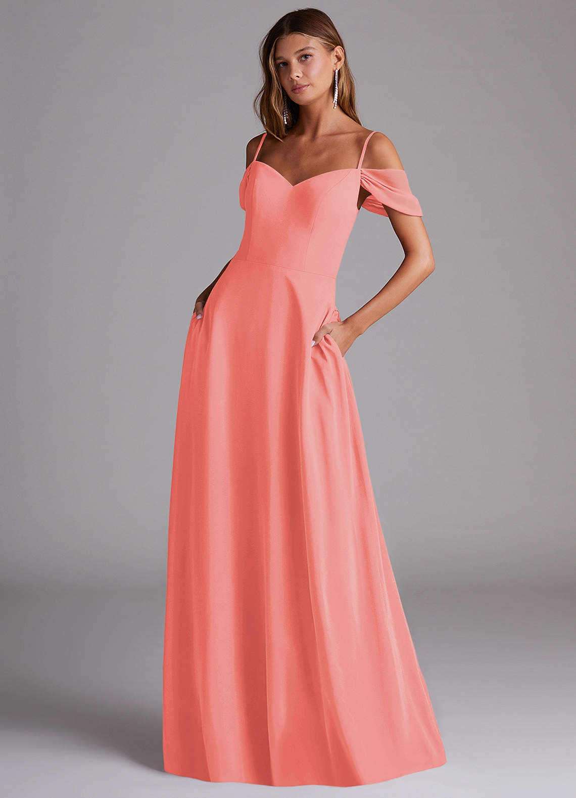 Azazie Marley Jurken voor bruidsmeisjes Converteerbaar Jurk van Chiffon met A-Lijn Off the Shoulder Koraal image1