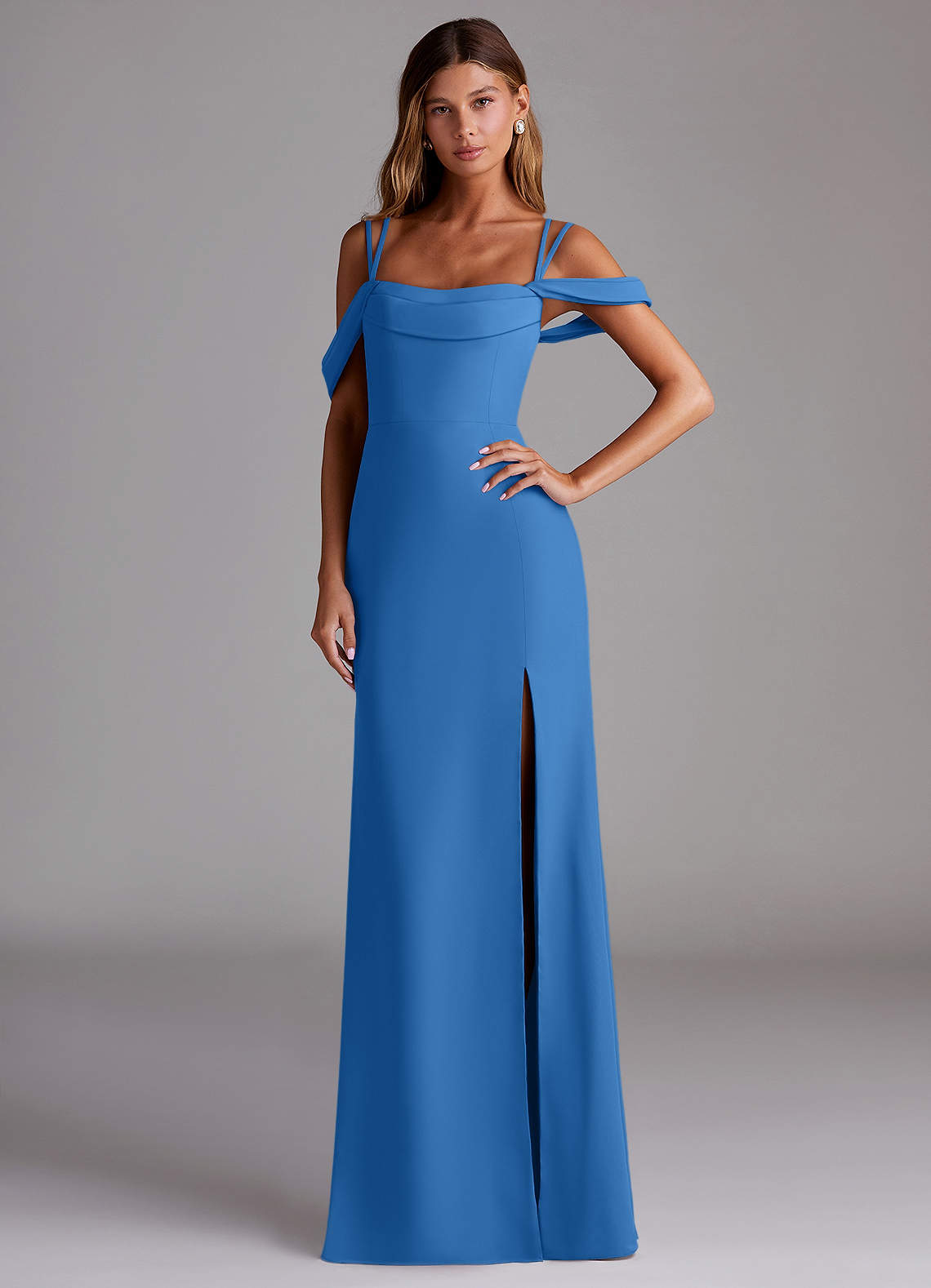 Azazie Callan Bridesmaid Dresses Blue Jay Mermaid Pleated Chiffon Convertible Dress image1