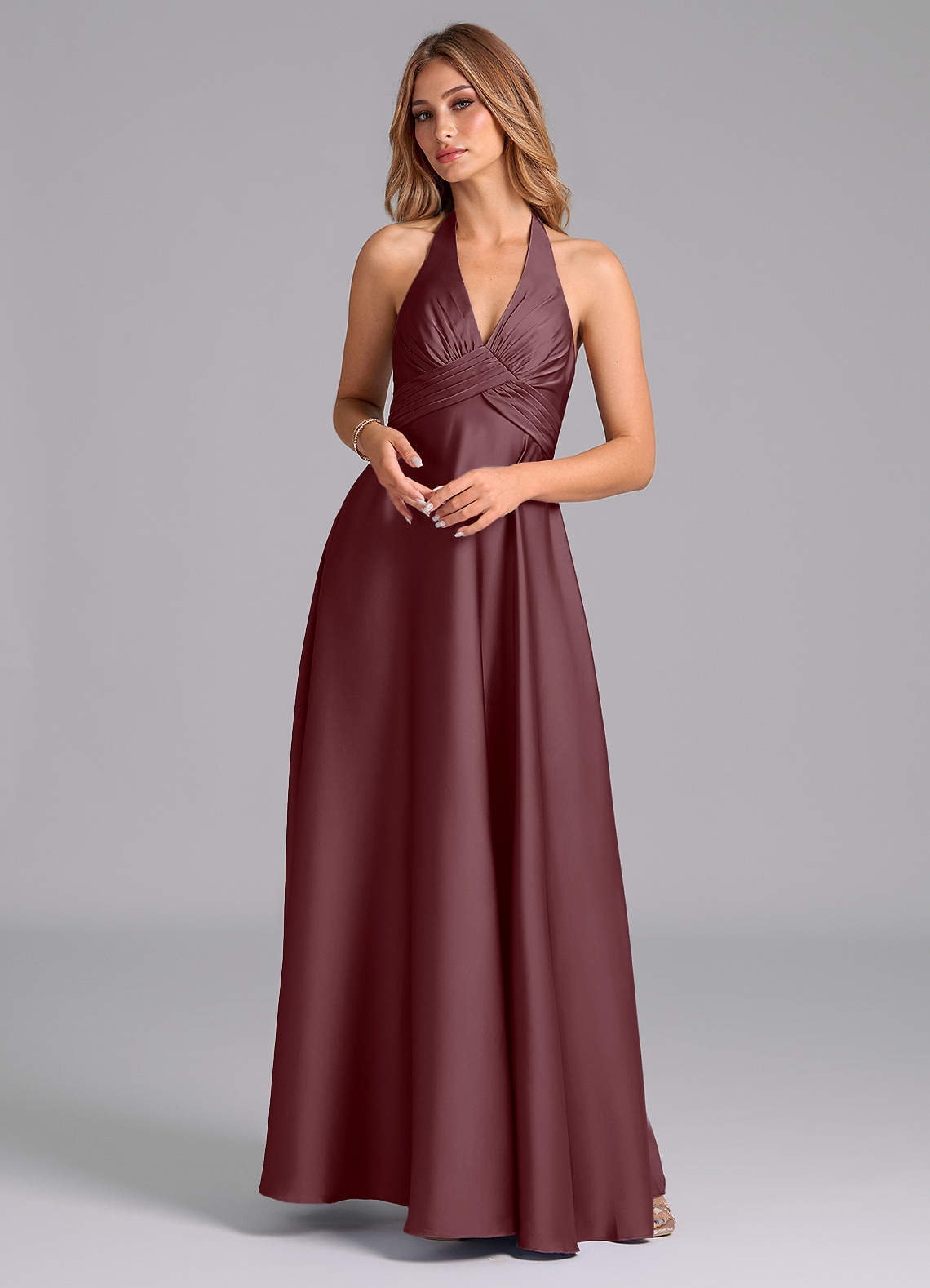 Azazie Tessie Bridesmaid Dresses Sangria A-Line Pleated Stretch Satin Dress image1