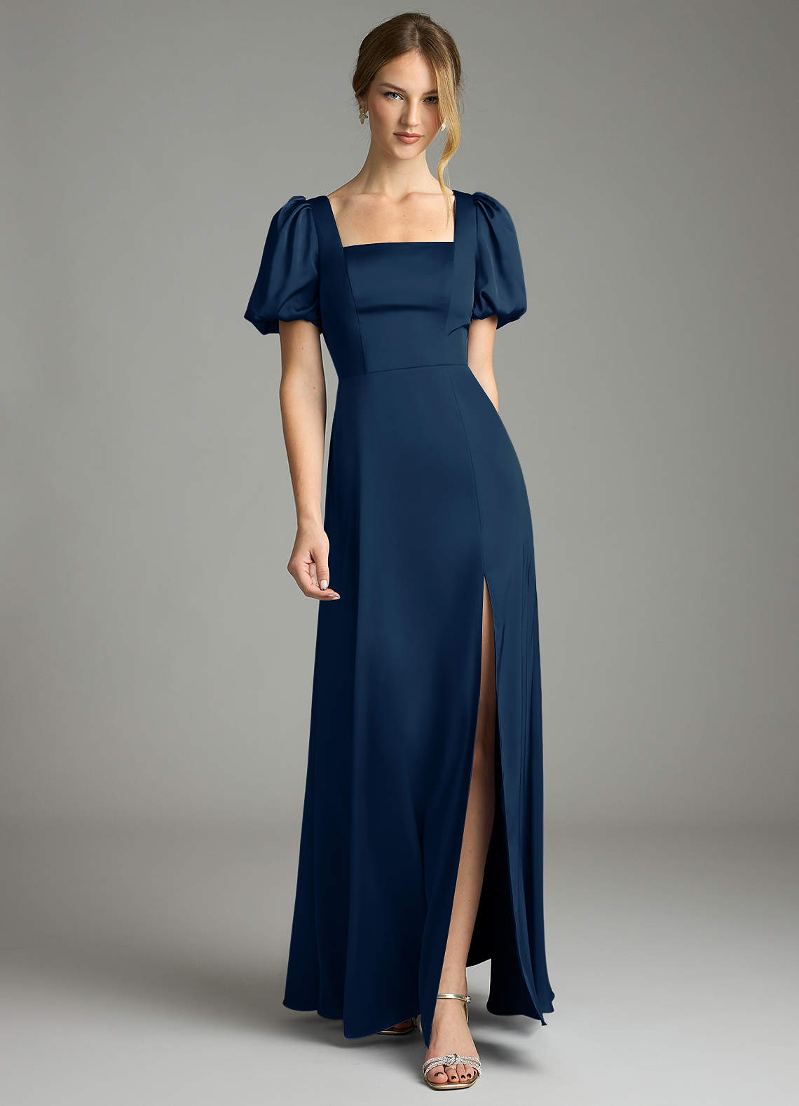 Azazie Fyona Bridesmaid Dresses Dark Navy A-Line Pleated Stretch Satin Dress image1