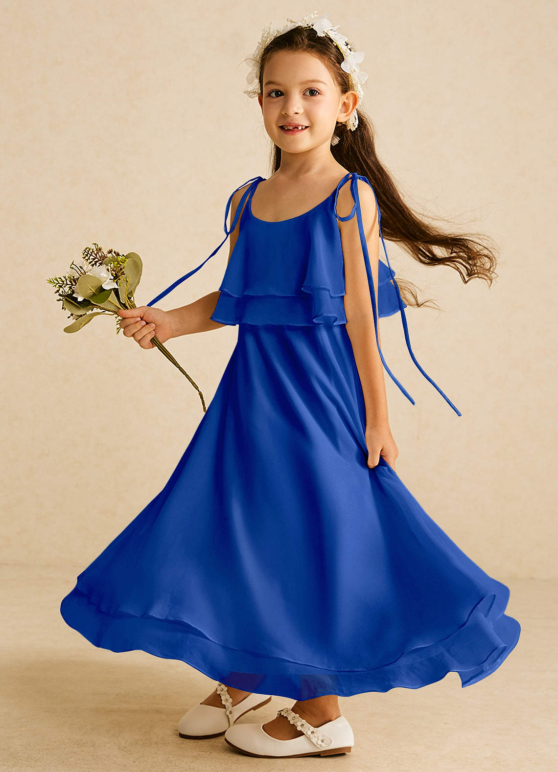 Azazie Temi vestidos de niña de las flores Vestido de Azul Real de Gasa de Corte En A con Tirante Espagueti image1