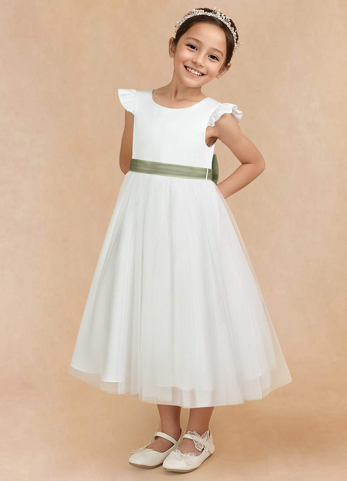 Azazie Hemi Flower Girl Dresses Ivory Pistachio A-Line Bow Tulle Dress image1