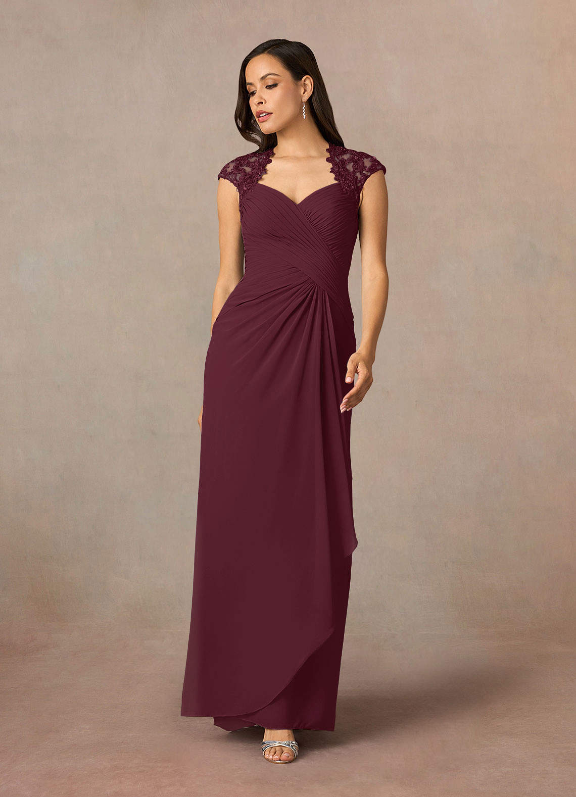 Azazie Birdie Cabernet A-Line Queen Anne Sequins Chiffon Dress | Azazie