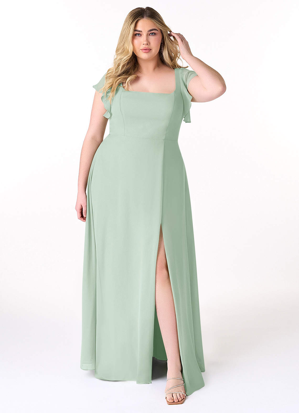 Azazie Bondi Bridesmaid Dresses Agave A-Line Ruffled Chiffon Dress image6