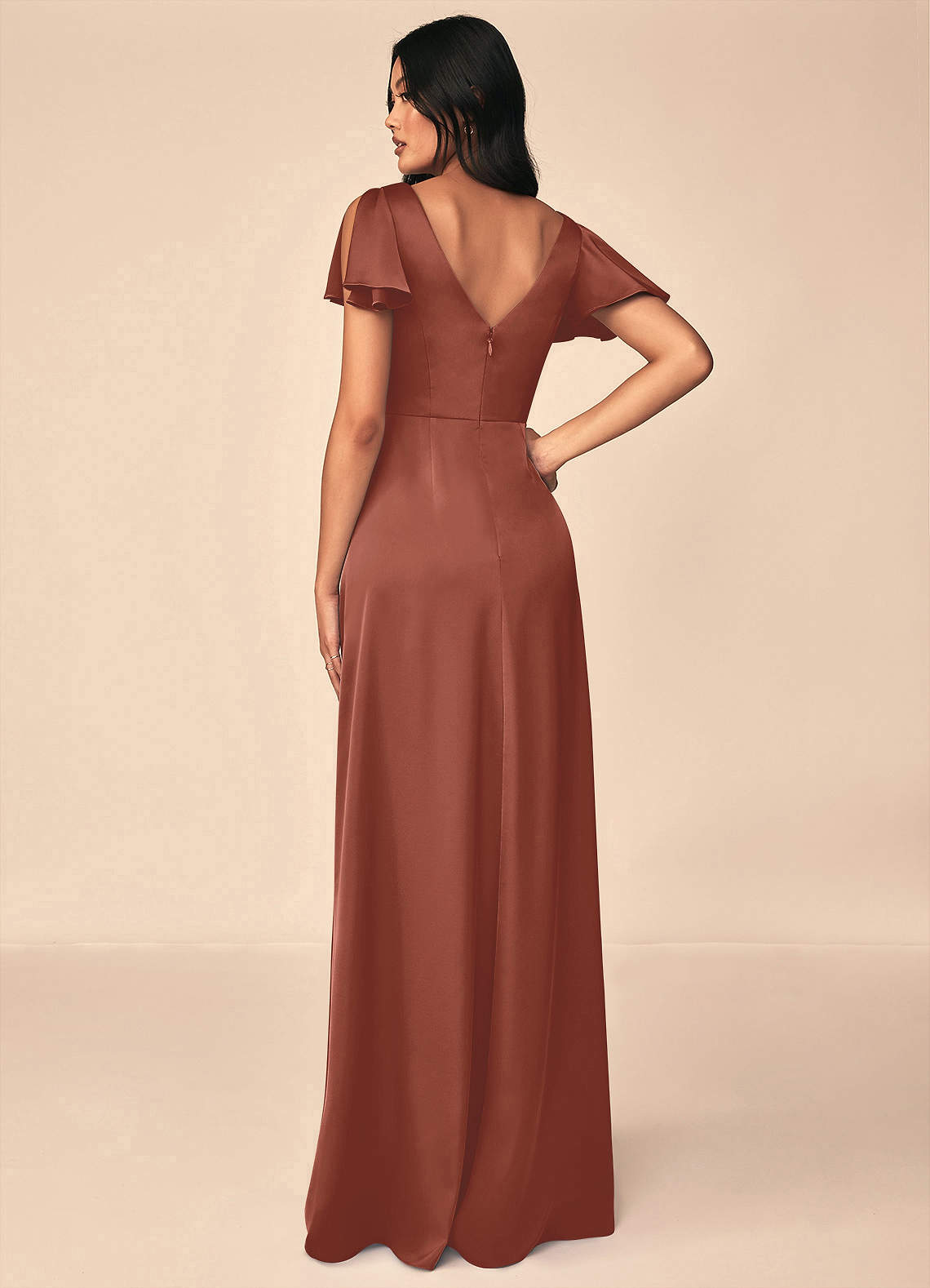 Azazie Soren Bridesmaid Dresses Auburn A-Line Pleated Stretch Satin Dress image1