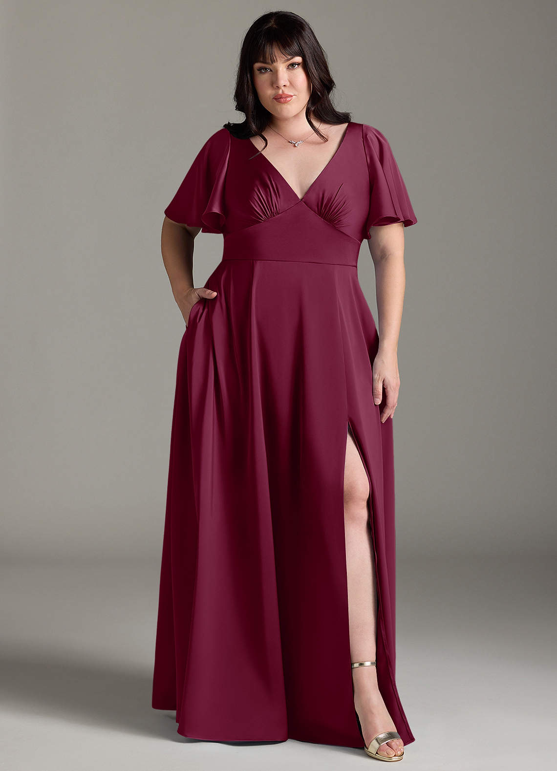 Azazie Kimber Bridesmaid Dresses Mulberry A-Line Ruched Stretch Satin Dress image6