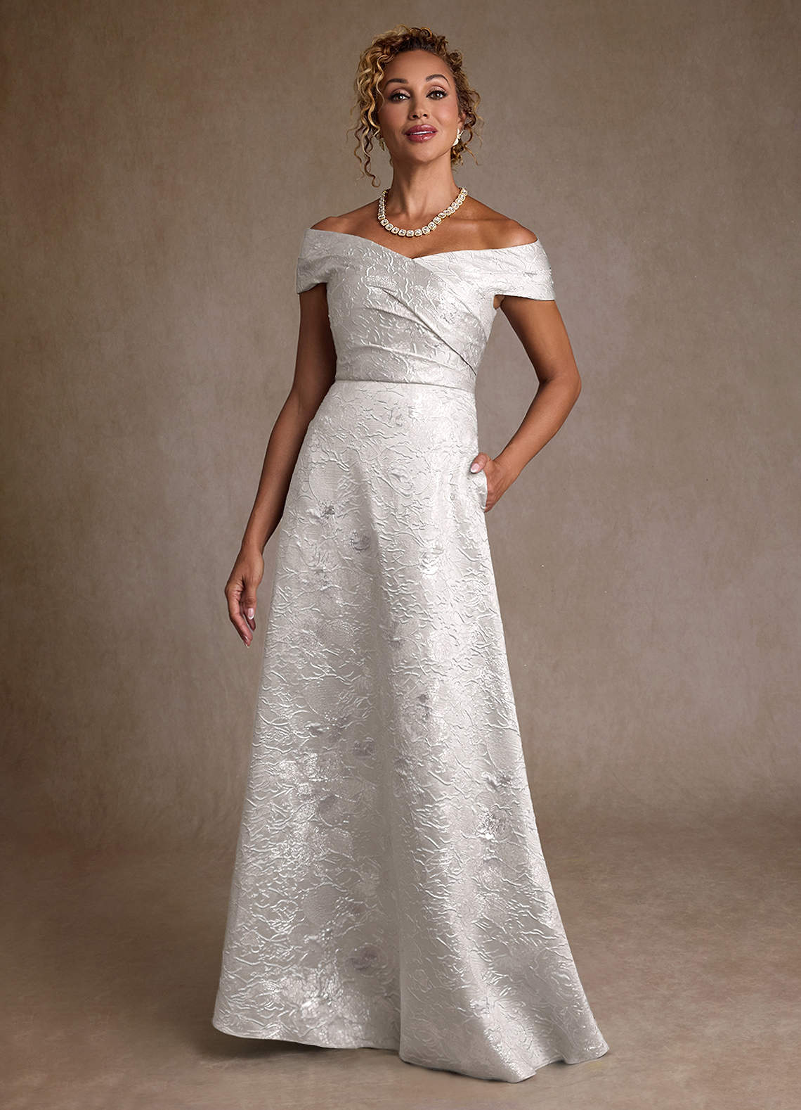 Azazie Lacey Silver Jacquard A-Line Off the Shoulder Floral