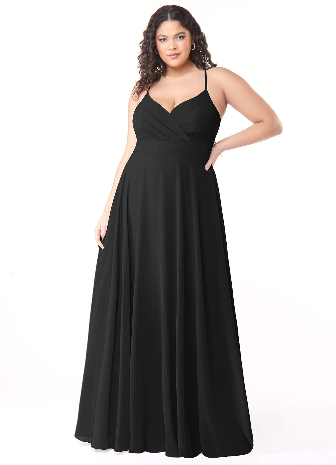 Azazie Avelina Bridesmaid Dresses Black A-Line V-Neck Pleated Chiffon Dress image1