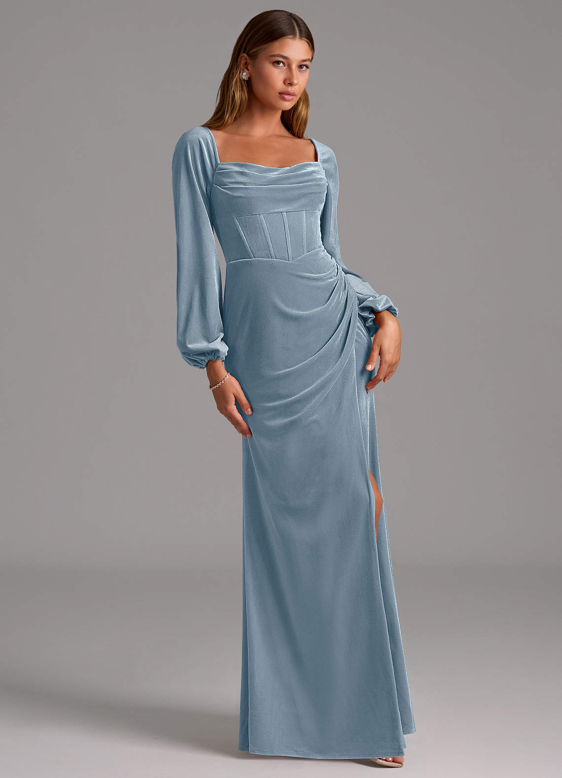 dusty blue formal dress with sleeves Dusty Blue Sparkly Tulle Lace Prom Dress with Puffed Sleeve, Sweethear Viniodress