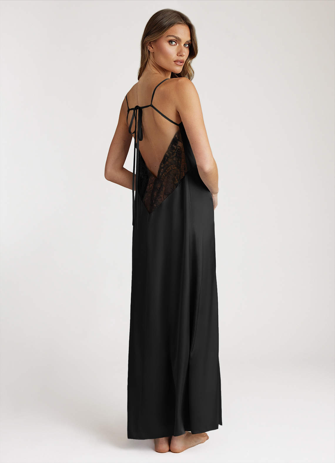 front Satin and Lace Midi Slip Dress