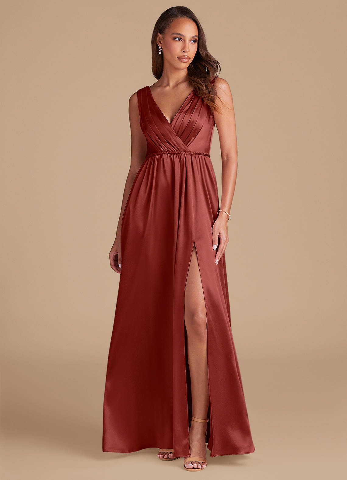 Azazie Tanicia Bridesmaid Dresses Terracotta A-Line Pleated Metallic Satin Dress image1