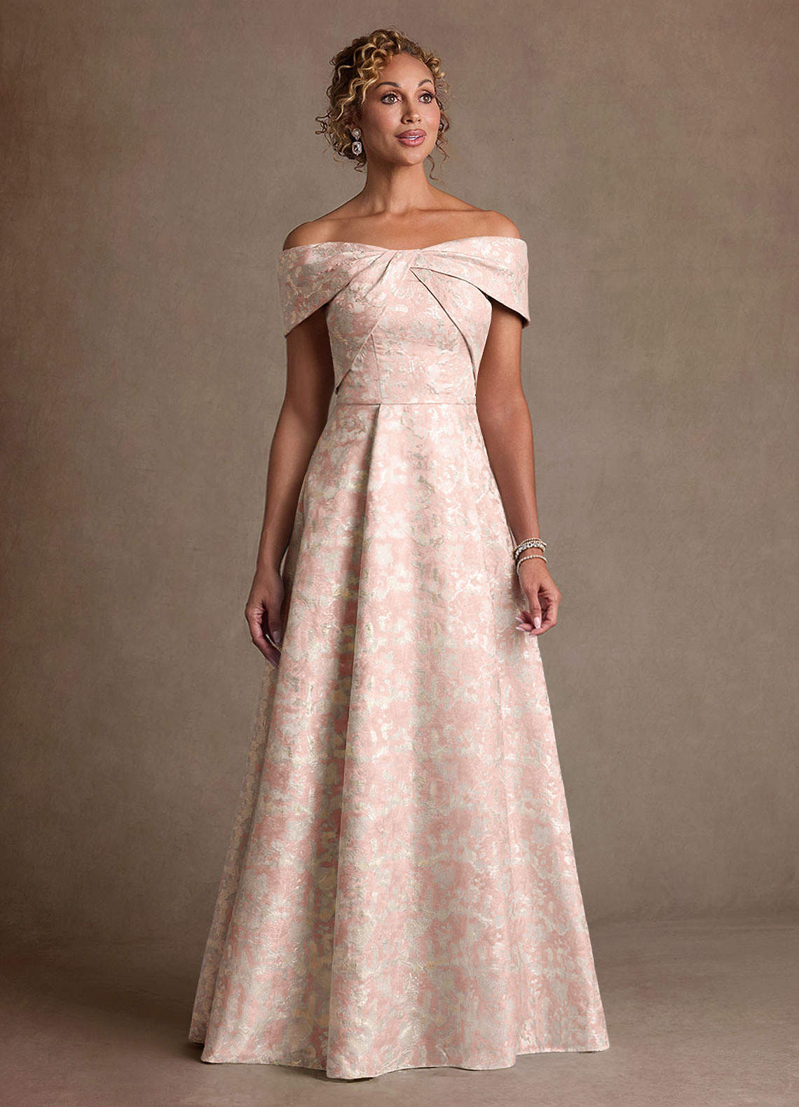 Azazie Harriett Dusty Rose A-Line Off the Shoulder Floral Jacquard