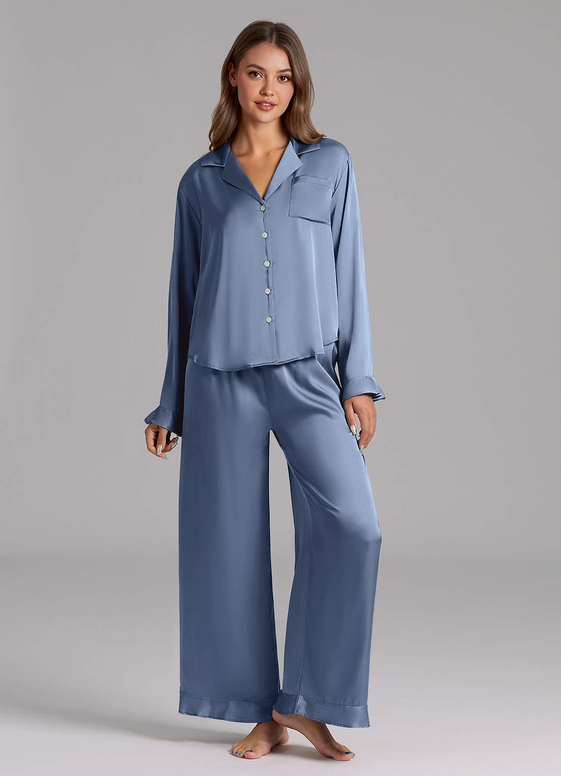 front Matching Color Ruffled Satin Long Sleeve Pajama Set