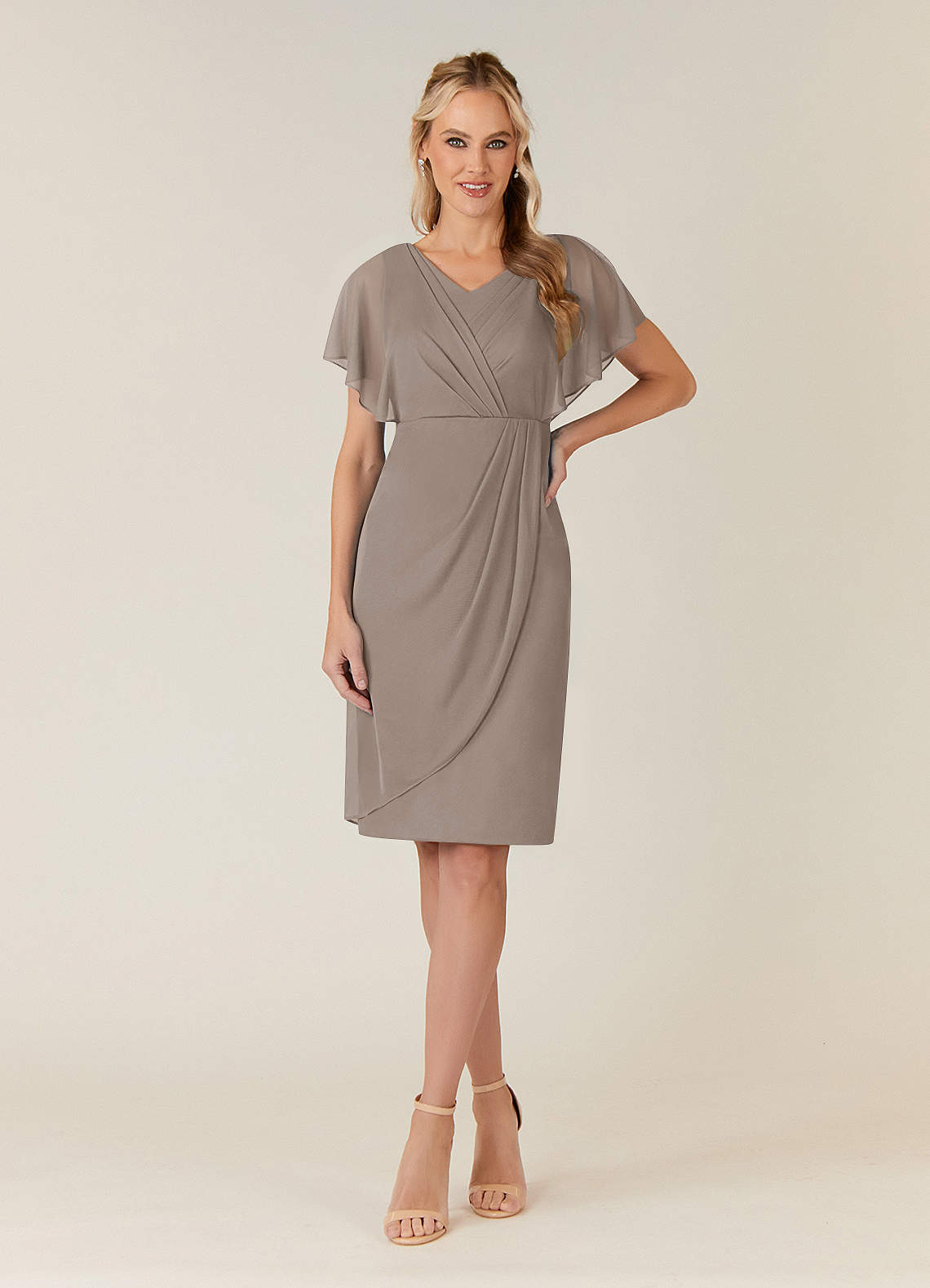 Azazie Waverly Mother of the Bride Dresses Taupe Sheath Pleated Mesh Dress image1