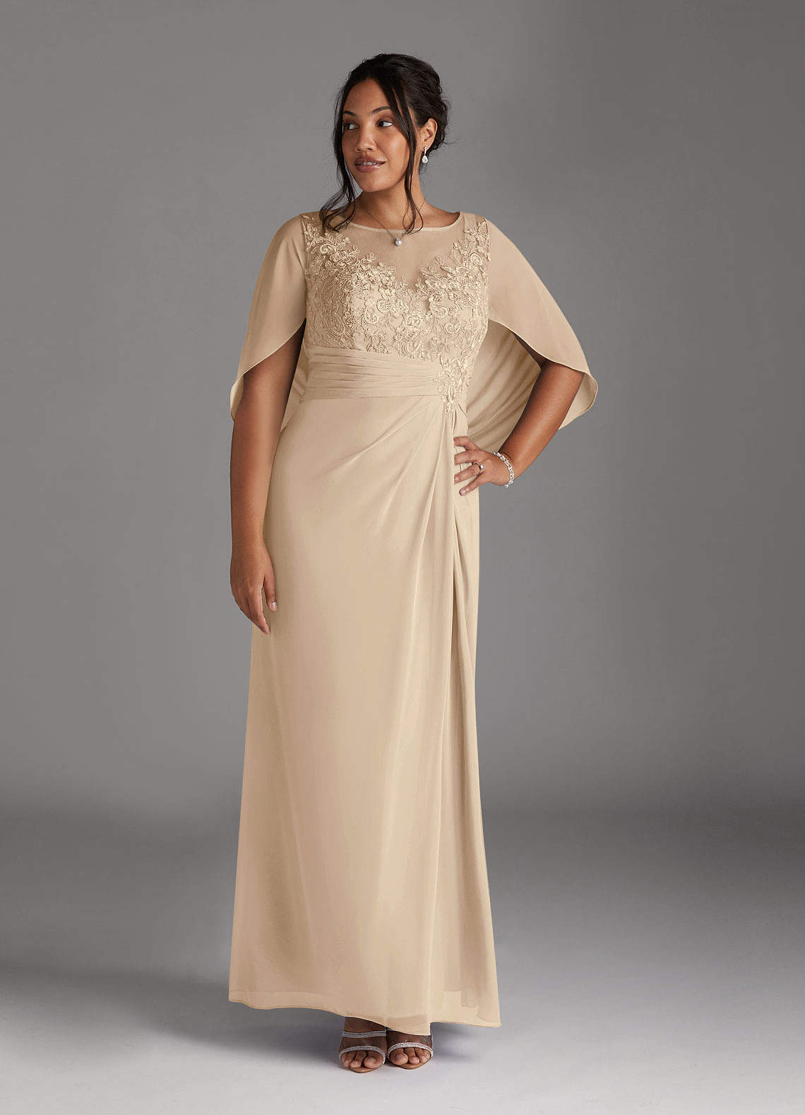 Azazie Hera Mother of the Bride Dresses Champagne A-Line Lace Capelet Chiffon Dress image5