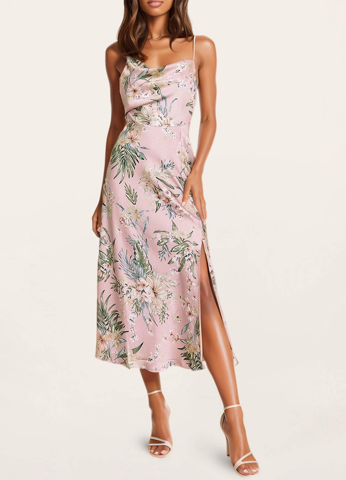 Orange Floral Satin Midi Dress