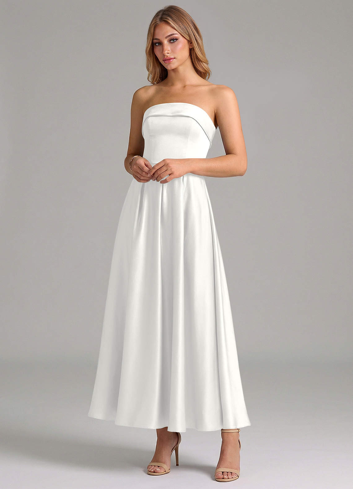 Azazie Lucienne Bridesmaid Dresses White A-Line Pleated Stretch Satin Dress image3