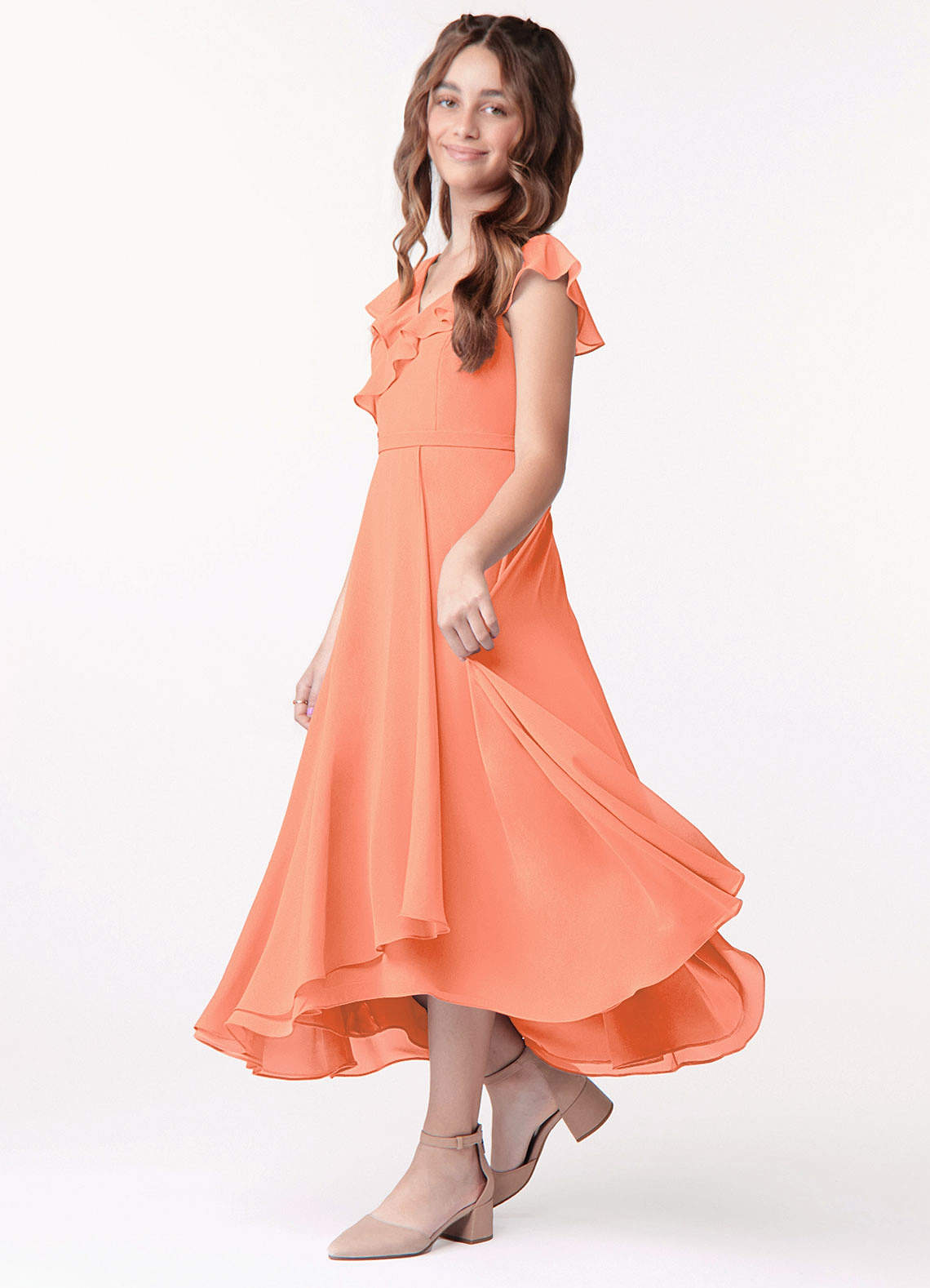 Azazie Posie Junior A-Linie Gestreift Chiffon Kleid Sonnenuntergang image1