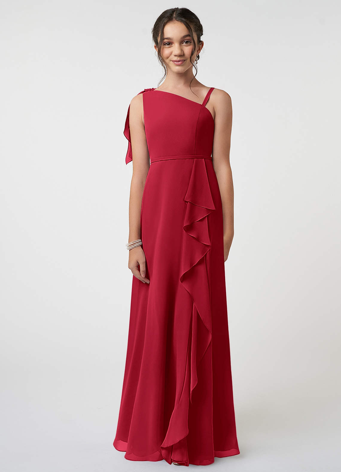 Azazie Aidy Junior Scarlet A-Line Bow Chiffon Dress image1