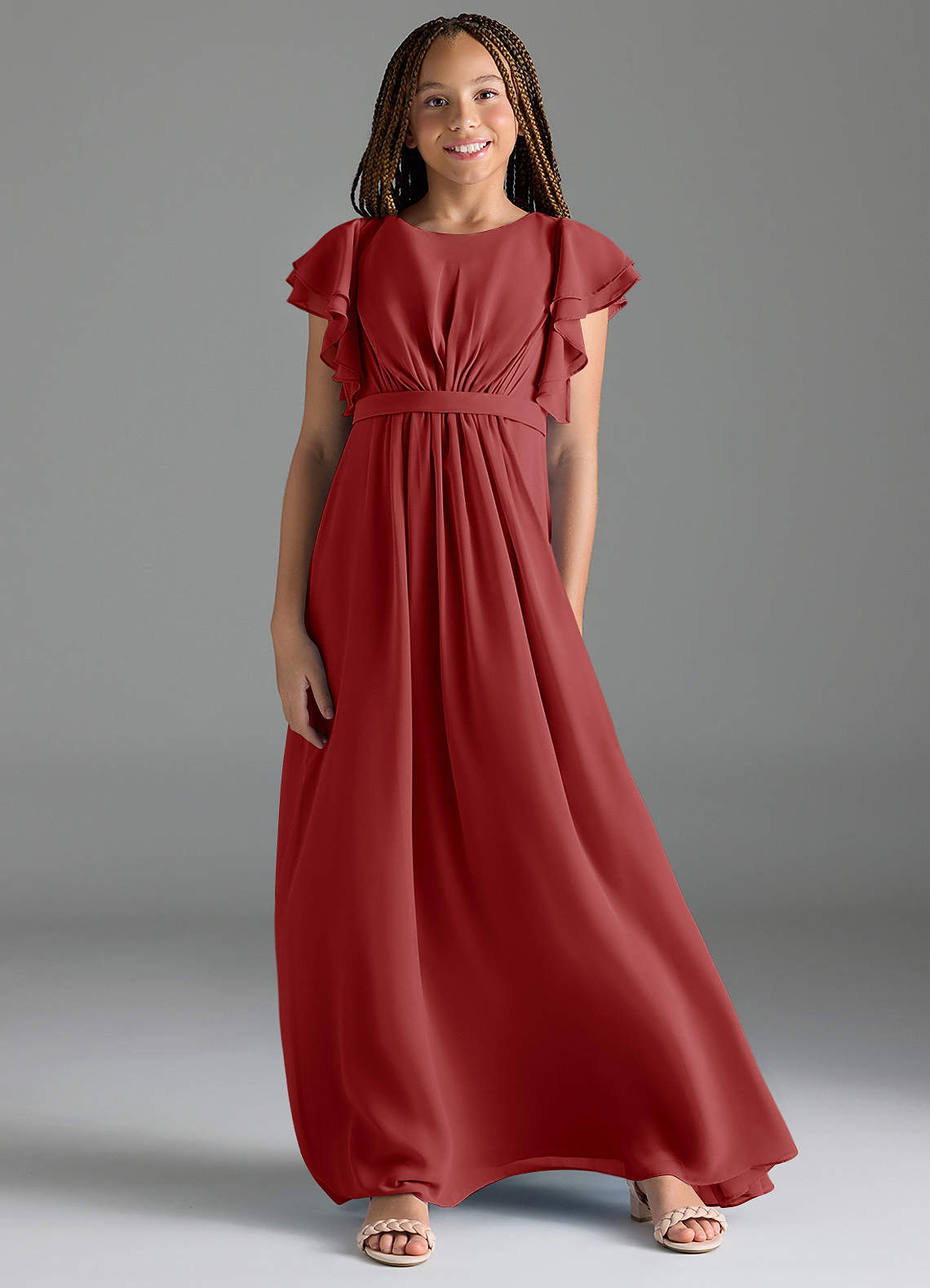 Azazie Daphne Junior Vestido de Óxido de Gasa de Corte En A con Plisado image1