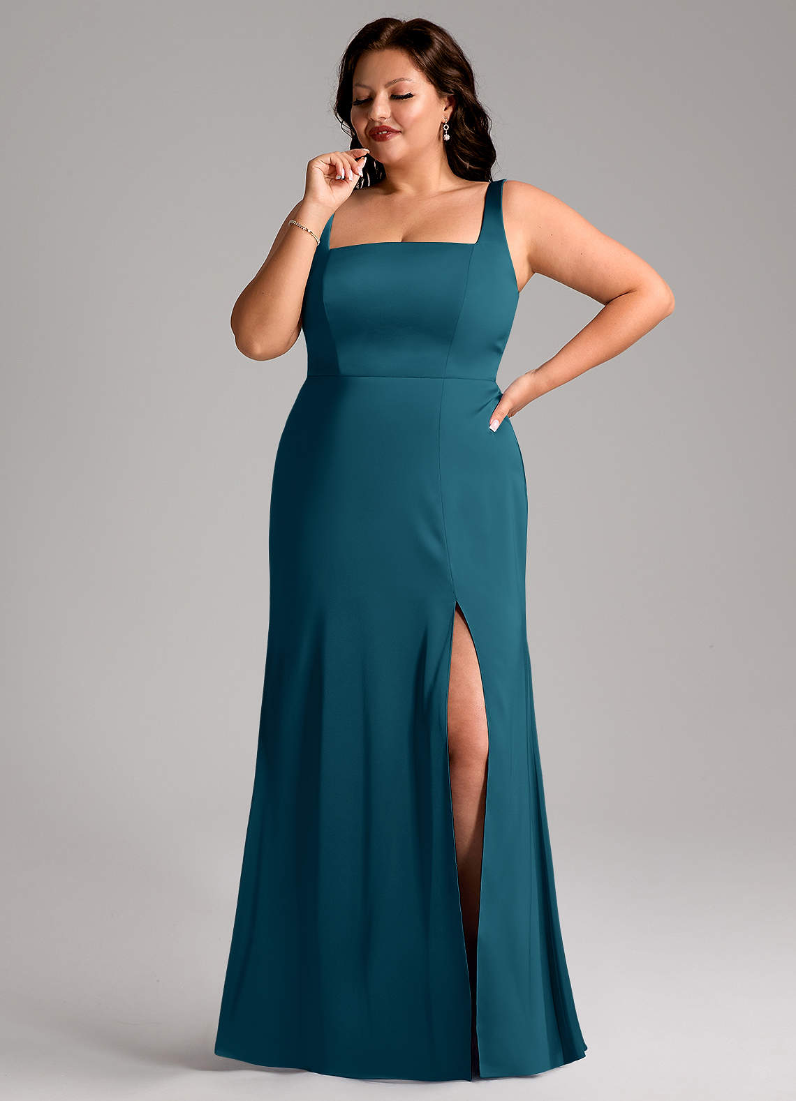 Azazie Frostine Bridesmaid Dresses Ink Blue A-Line Bow Stretch Satin Dress image1