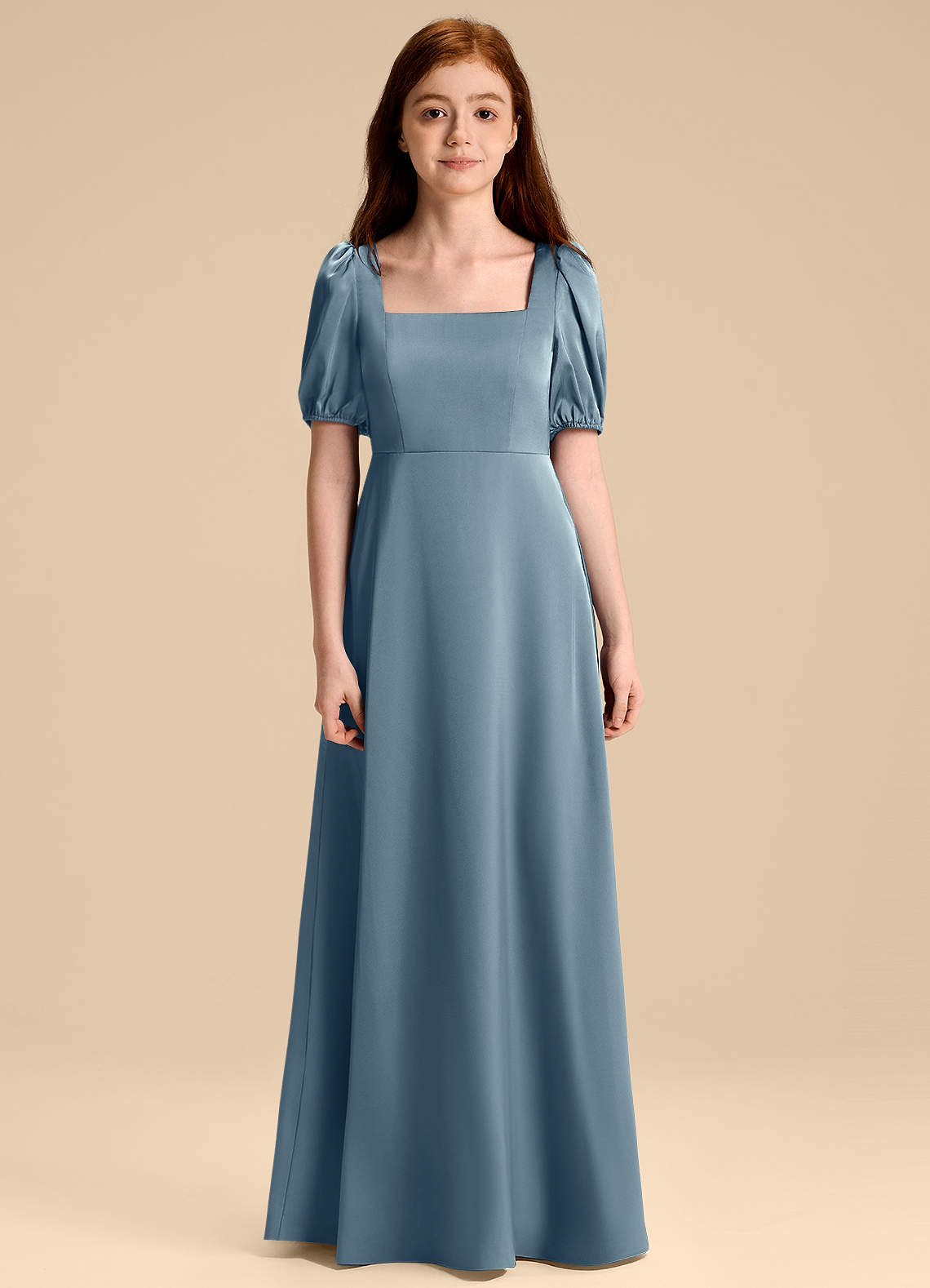 Azazie Briar Junior Robe Trapèze en Satin extensible Arc Bleu Poussiéreux image6