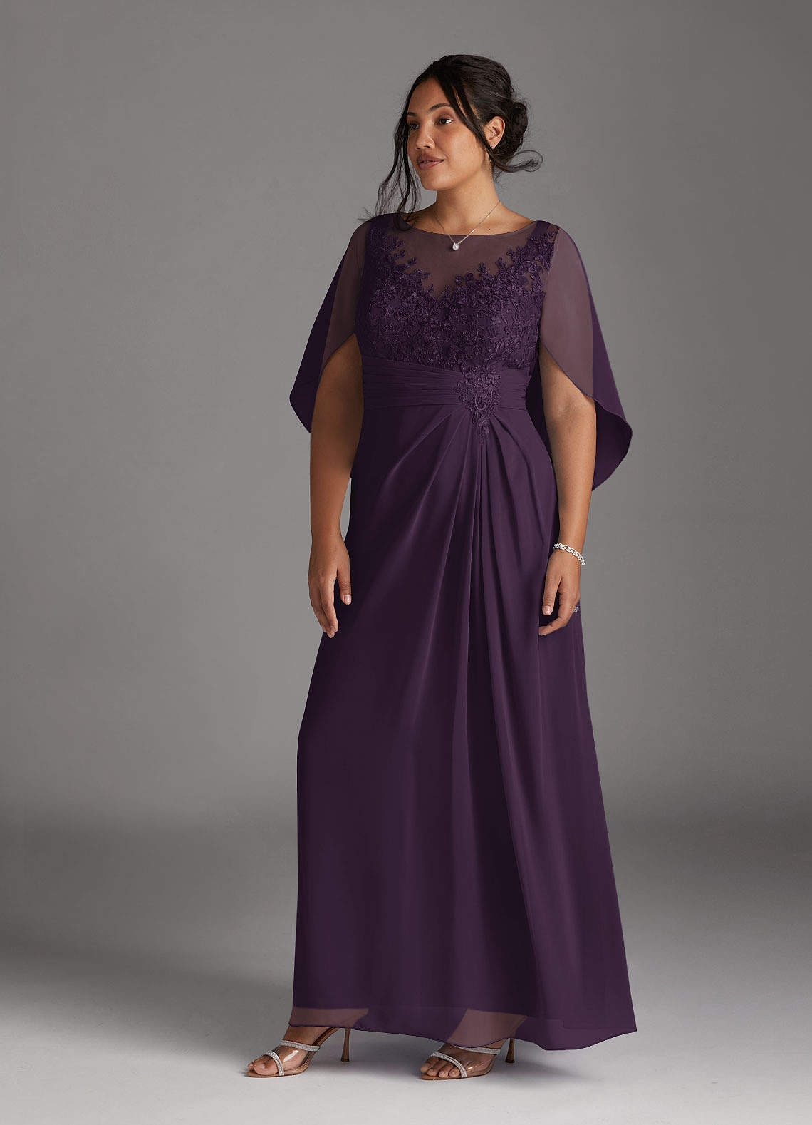 Azazie Hera Mother of the Bride Dresses Plum A-Line Lace Capelet Chiffon Dress image8