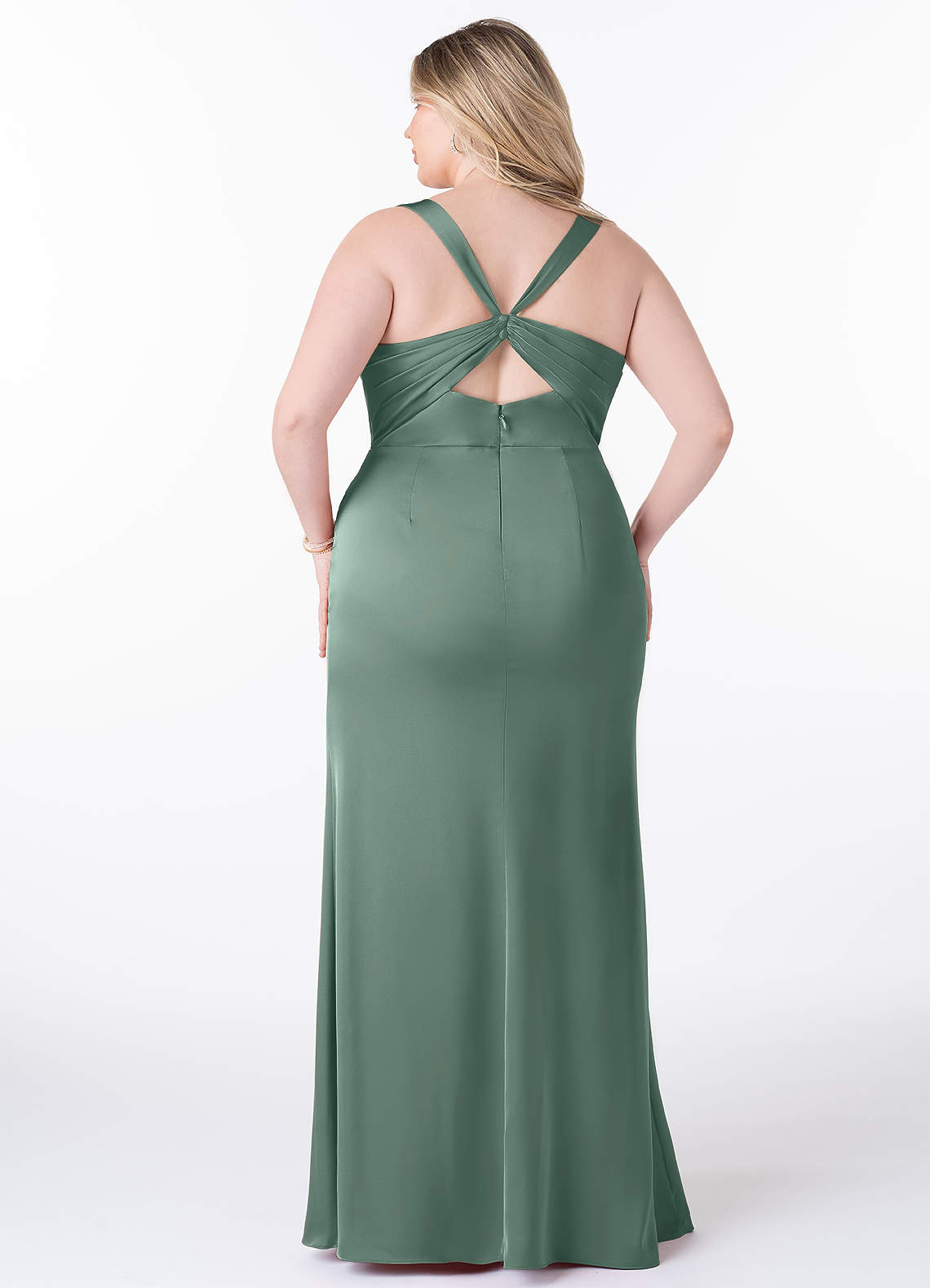 Azazie Mero Bridesmaid Dresses Eucalyptus Sheath Pleated Stretch Satin Dress image6
