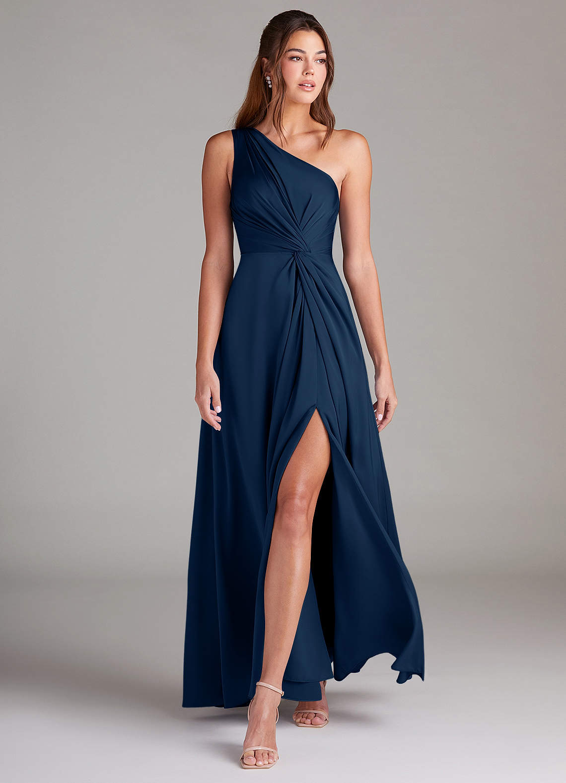 Azazie Brooke Bridesmaid Dresses Dark Navy A-Line One Shoulder Stretch Satin Dress image2