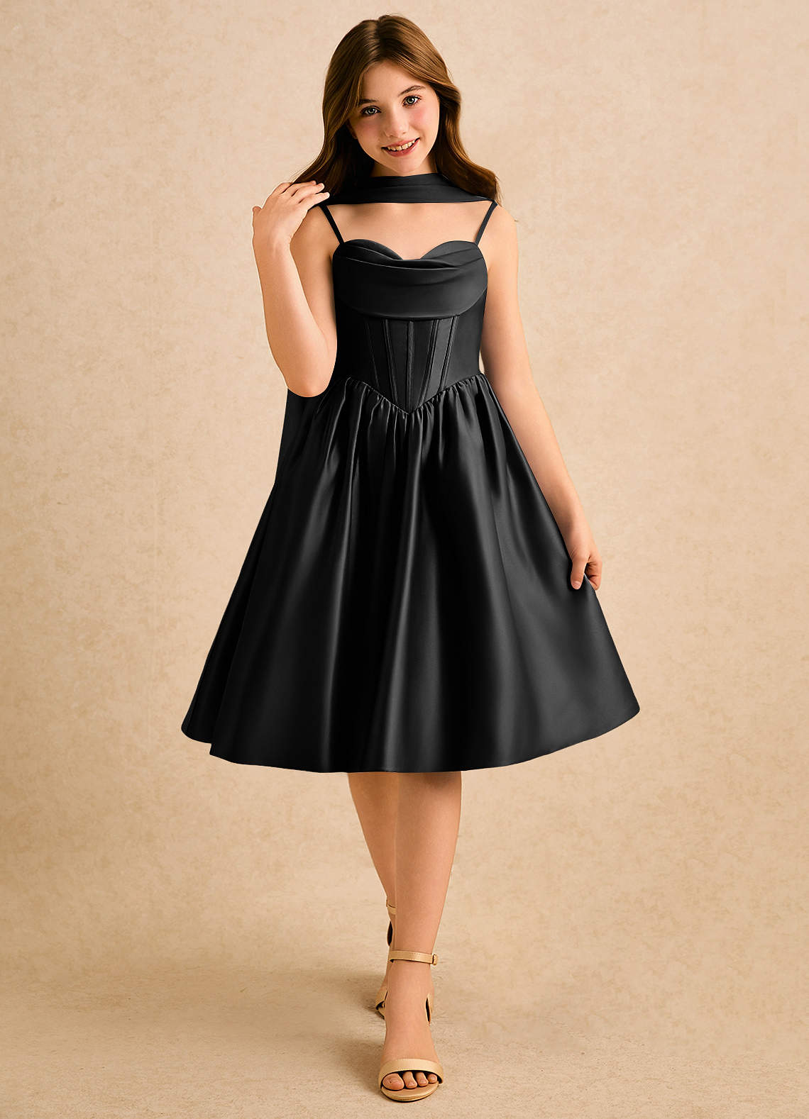 Azazie Shona Girls Formal Black A-Line Sweetheart Neckline Matte Satin Dress  | Azazie