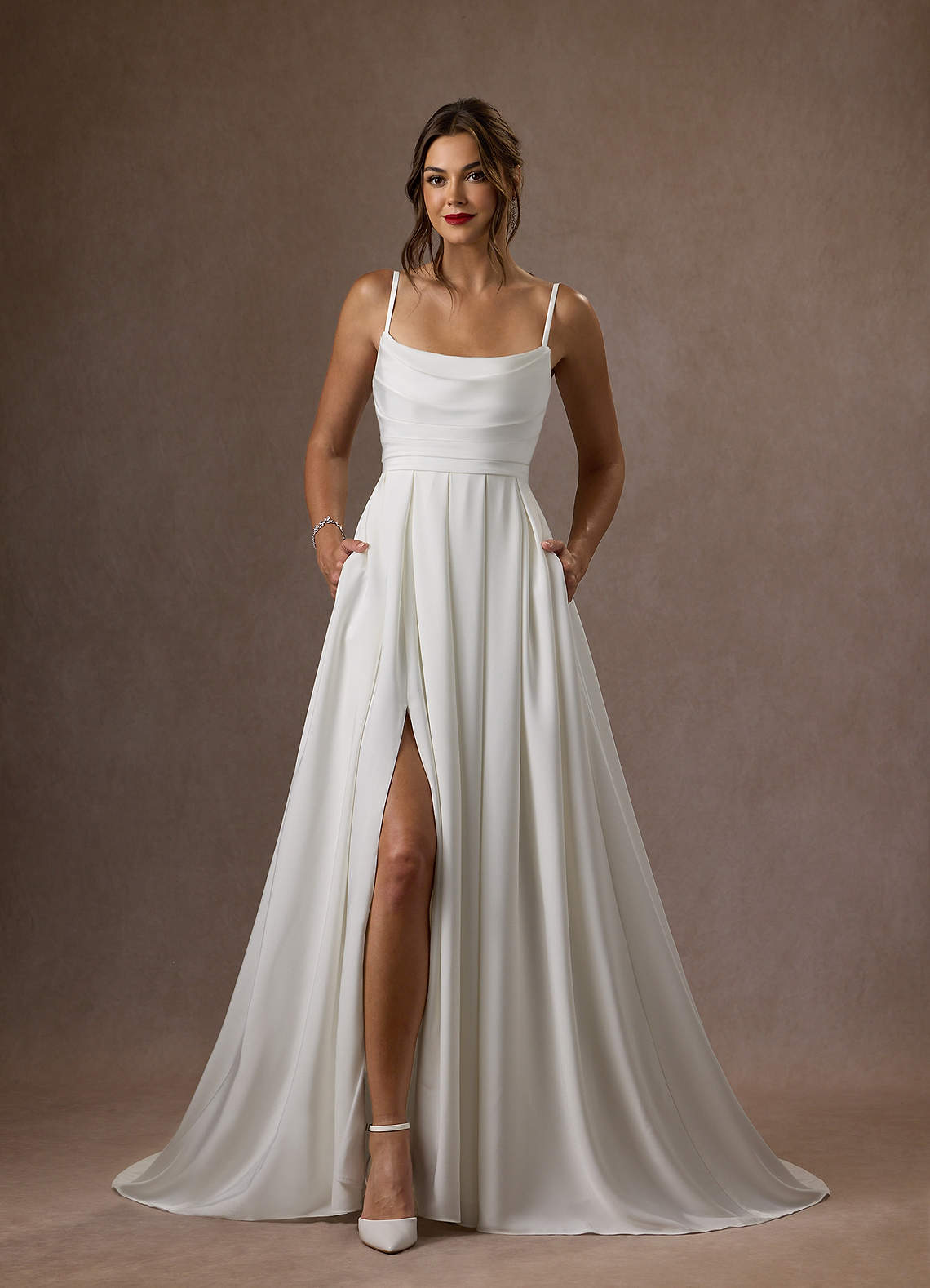 Azazie Caymus Wedding Dresses Diamond White A-Line Scoop Pleated Crepe Back Satin Dress image1