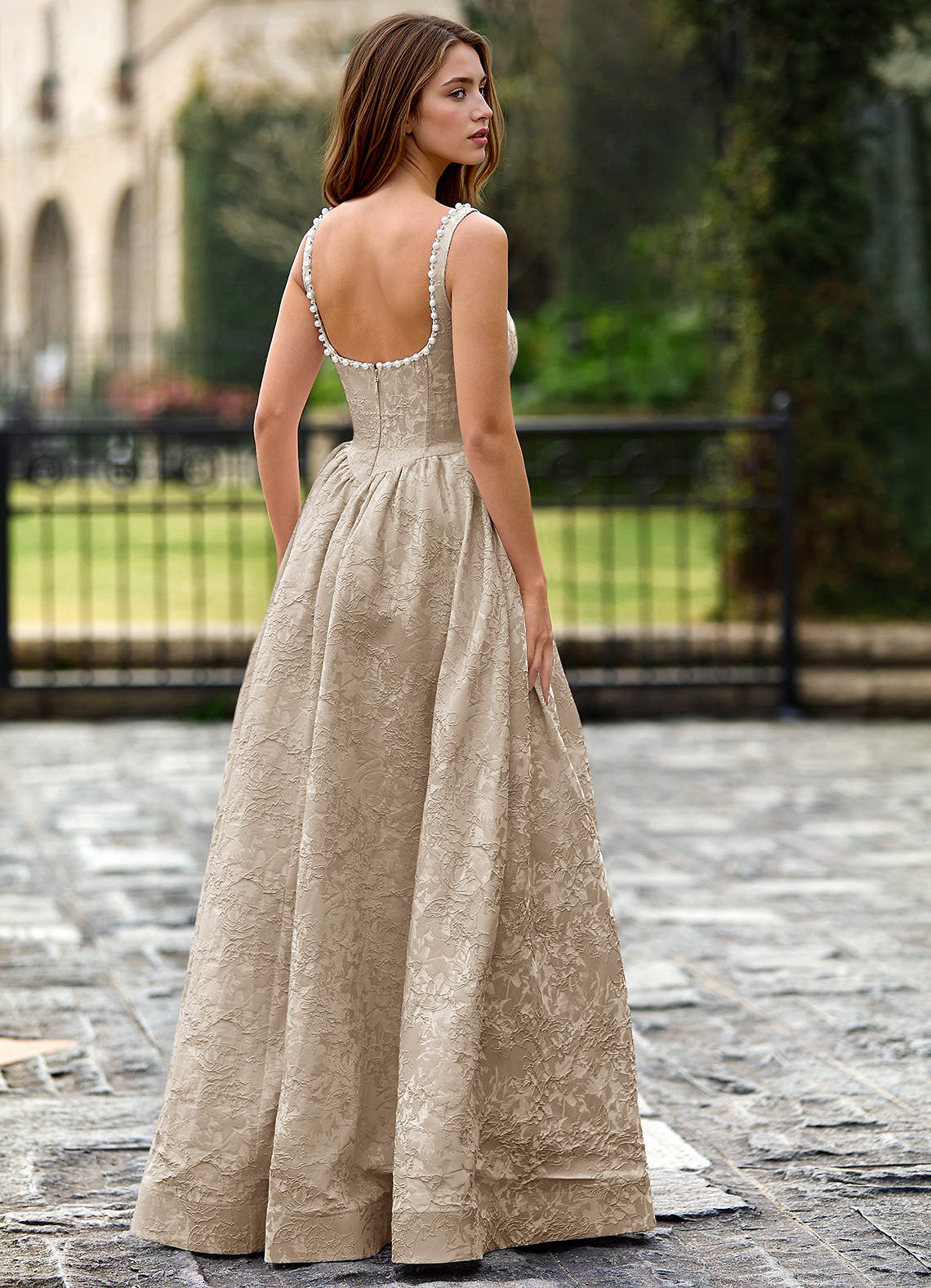 Thyme Light Apricot A-line 3D Flowers Prom Dress | Azazie