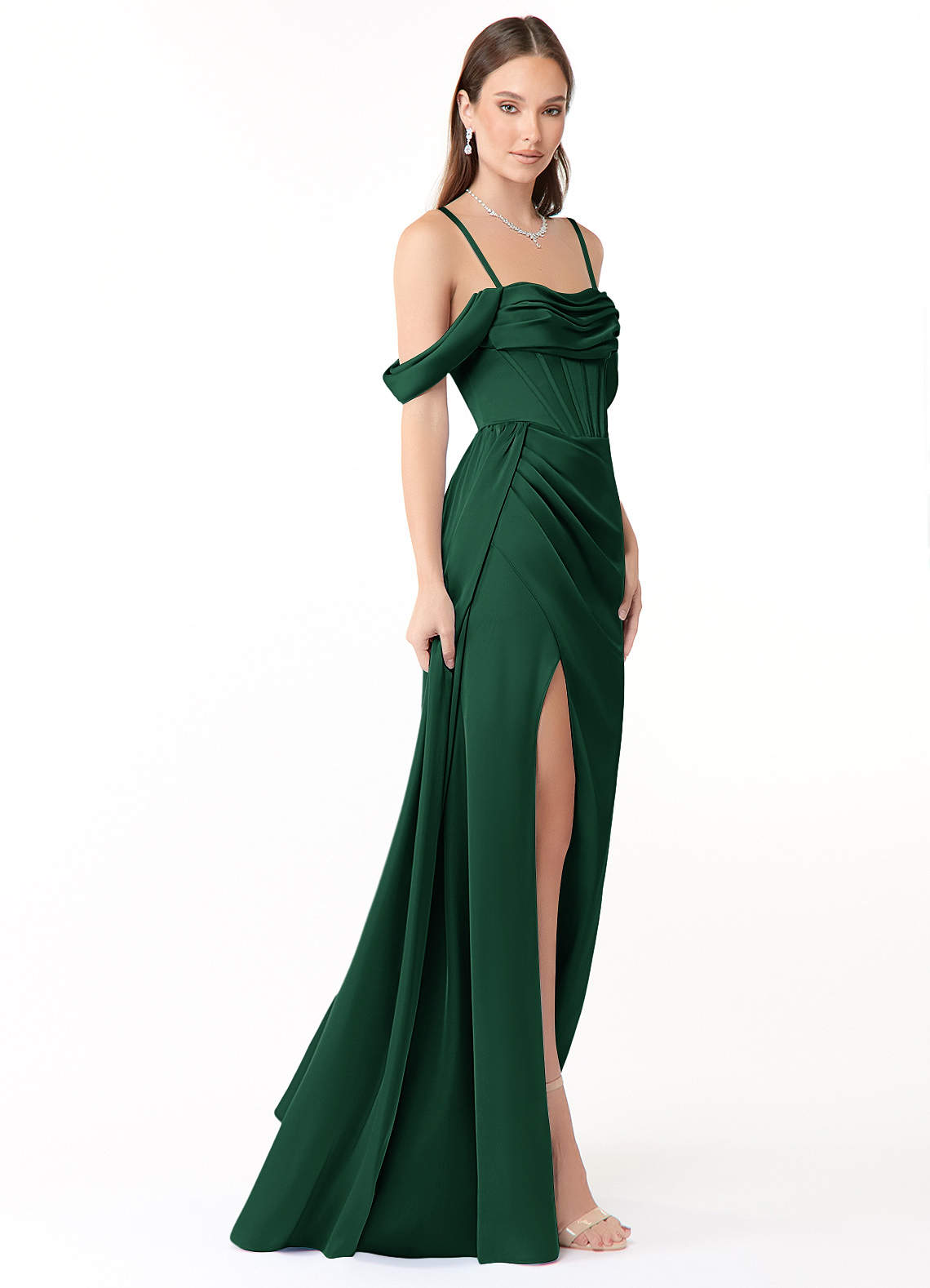 Azazie Amyra Bridesmaid Dresses Dark Green Mermaid Off the Shoulder Stretch Satin Convertible Dress image6