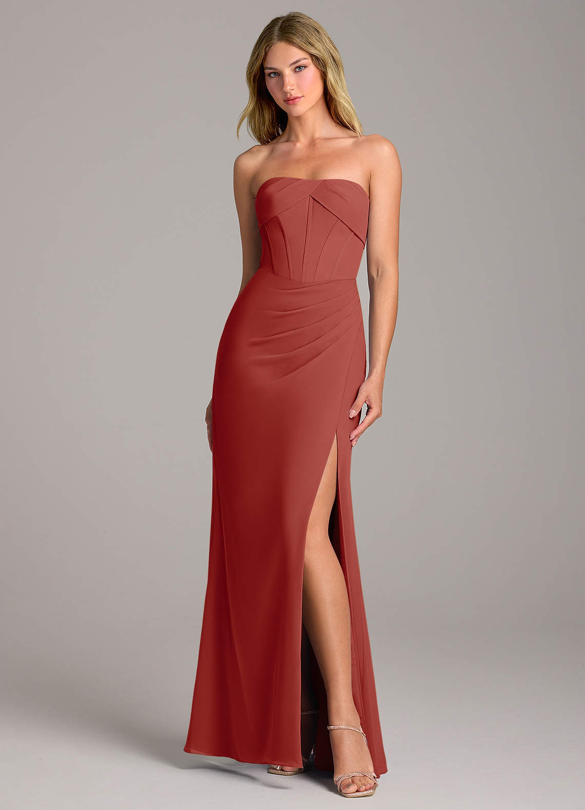 Azazie Chantel Bridesmaid Dresses Terracotta Sheath Strapless Chiffon Convertible Dress image1
