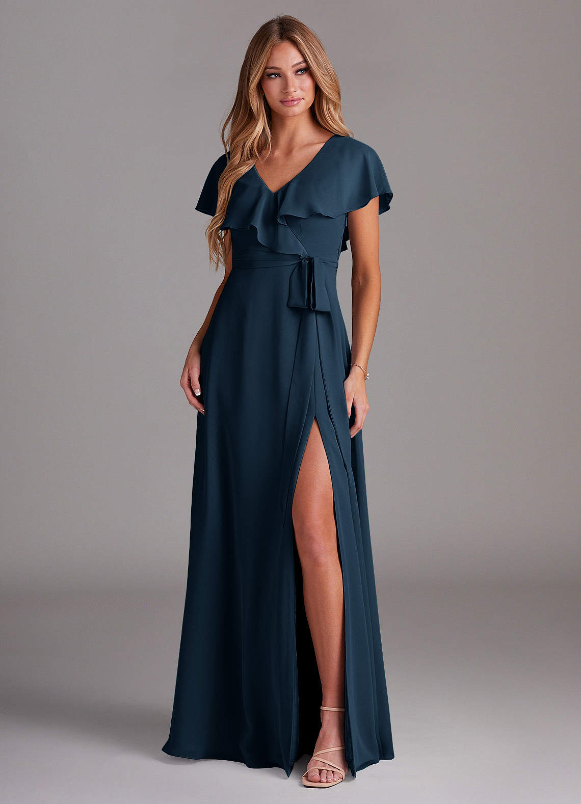 navy blue bridesmaid dresses chiffon Azazie Lainey Spaghetti Strap Sleeves