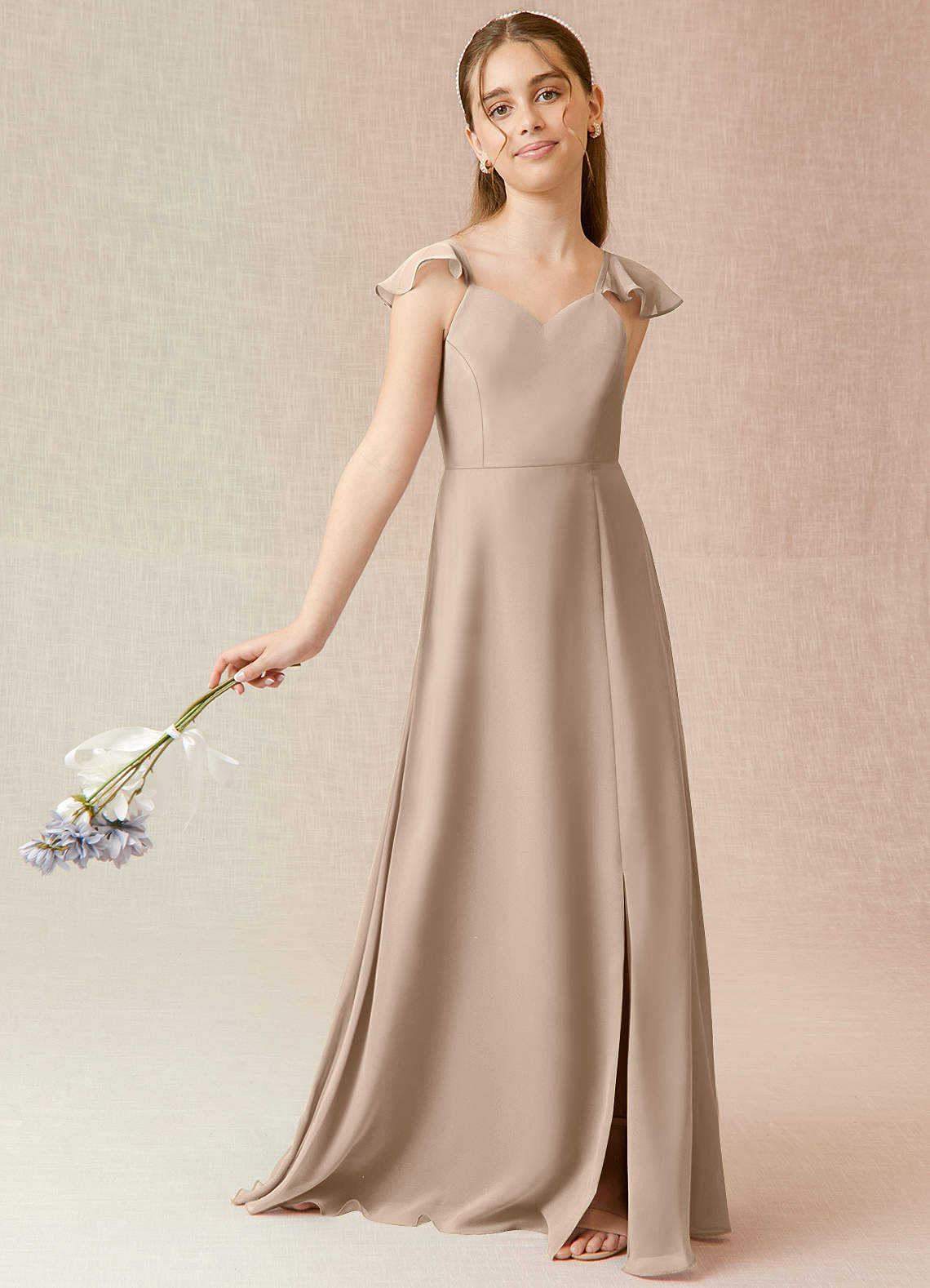 taupe junior bridesmaid dress Azazie Sheath Cowl Neck Asymmetrical Stretch Satin Junior Bridesmaid Dresses